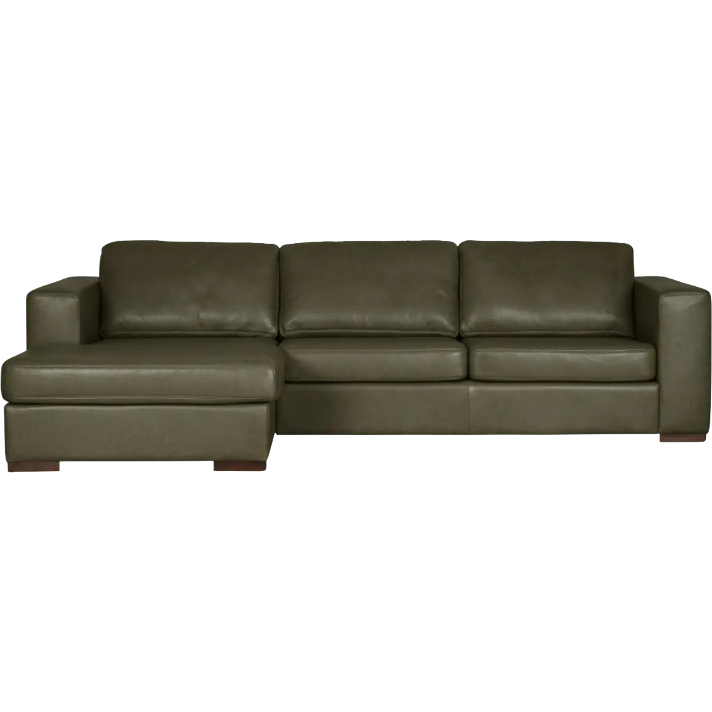 afbeelding van Leren hoekbank Flow - 2,5 zits arm rechts + longchair links - Granada Moss (olijf/groen) - Poten hout bruin