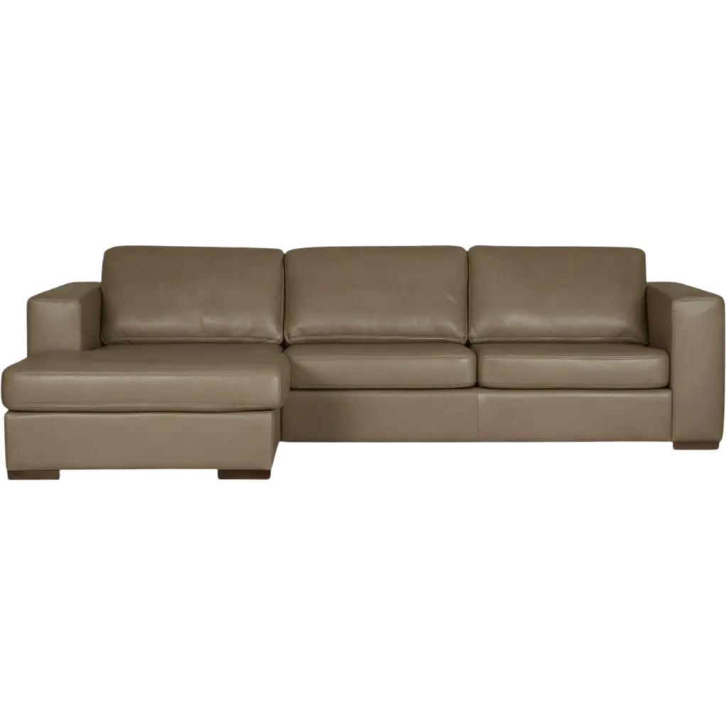 afbeelding van Leren hoekbank Flow - 2,5 zits arm rechts + longchair links - Granada Taupe (taupe/bruin) - Poten hout bruin