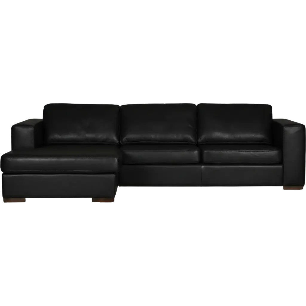 afbeelding van Leren hoekbank Flow - 2,5 zits arm rechts + longchair links - Elegance Black (zwart) - Poten hout bruin