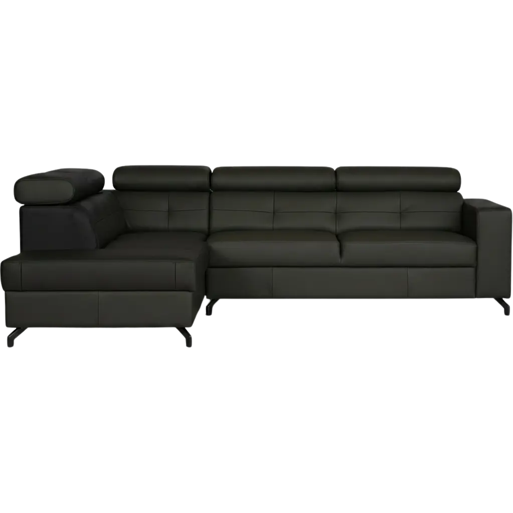 afbeelding van Leren hoekbank Nova - 2.5-zits arm rechts + Longchair arm links - Toledo Nero (zwart) - Poten staal zwart
