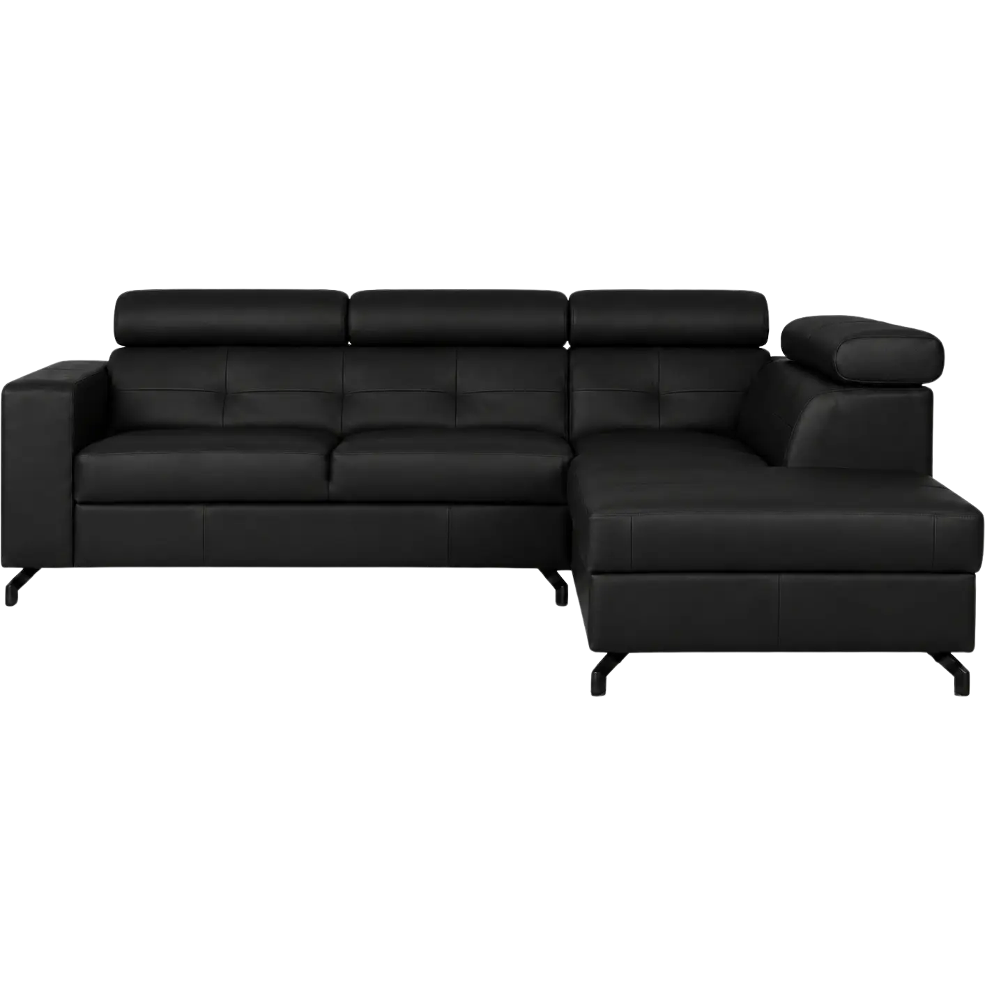 afbeelding van Leren hoekbank Nova - 2 zits arm links + longchair arm rechts - Toledo Nero (zwart) - poten staal zwart