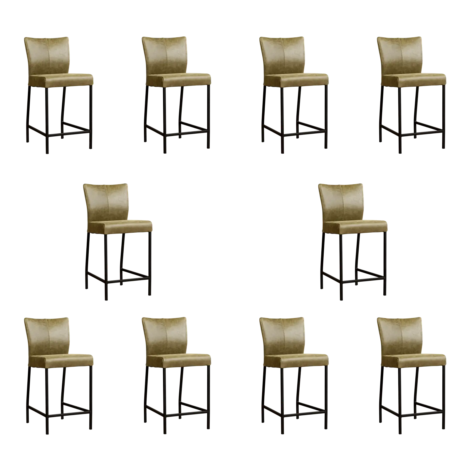 afbeelding van Set van 10 Leren barkrukken Revolt laag - Vintage Olive (olijf/groen) - Poten staal vierkant zwart