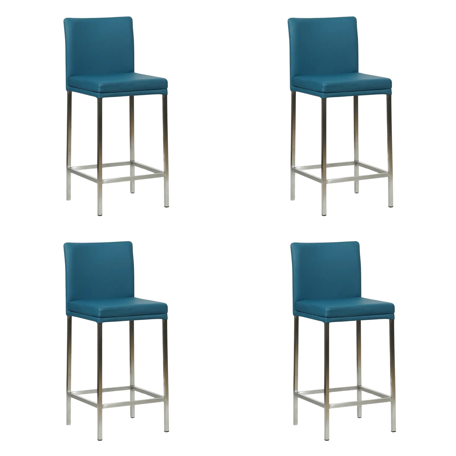 afbeelding van Set van 4 Leren barkrukken Break laag - Hermes Turquoise (blauw) - Poten staal vierkant RVS