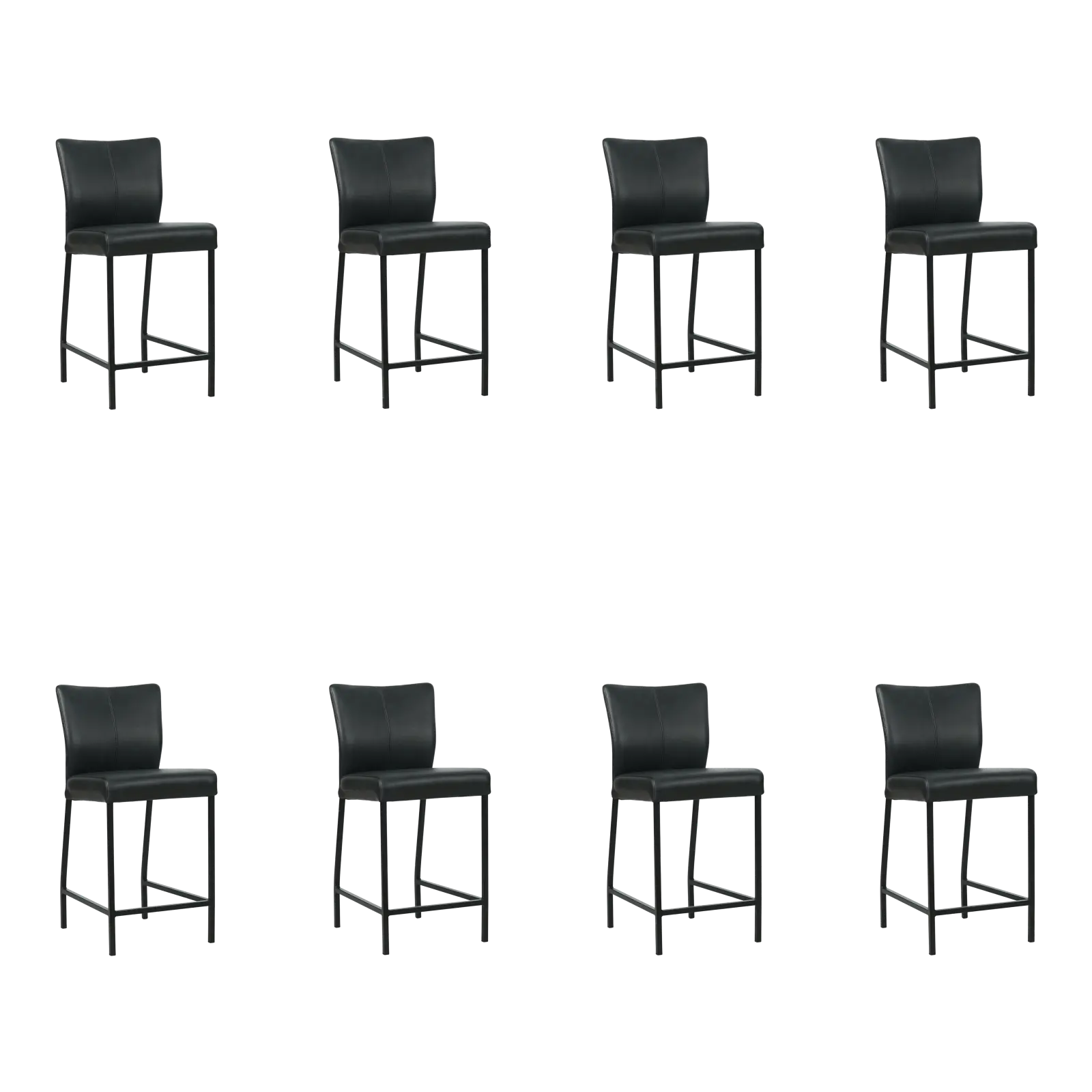 afbeelding van Set van 8 Leren barkrukken Revolt laag - Granada Black (zwart) - Poten staal vierkant zwart