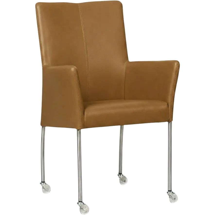 afbeelding van Leren eetkamerstoel Comfort met wieltjes en armleuning - Granada Sahara (cognac) - Poten staal rond RVS