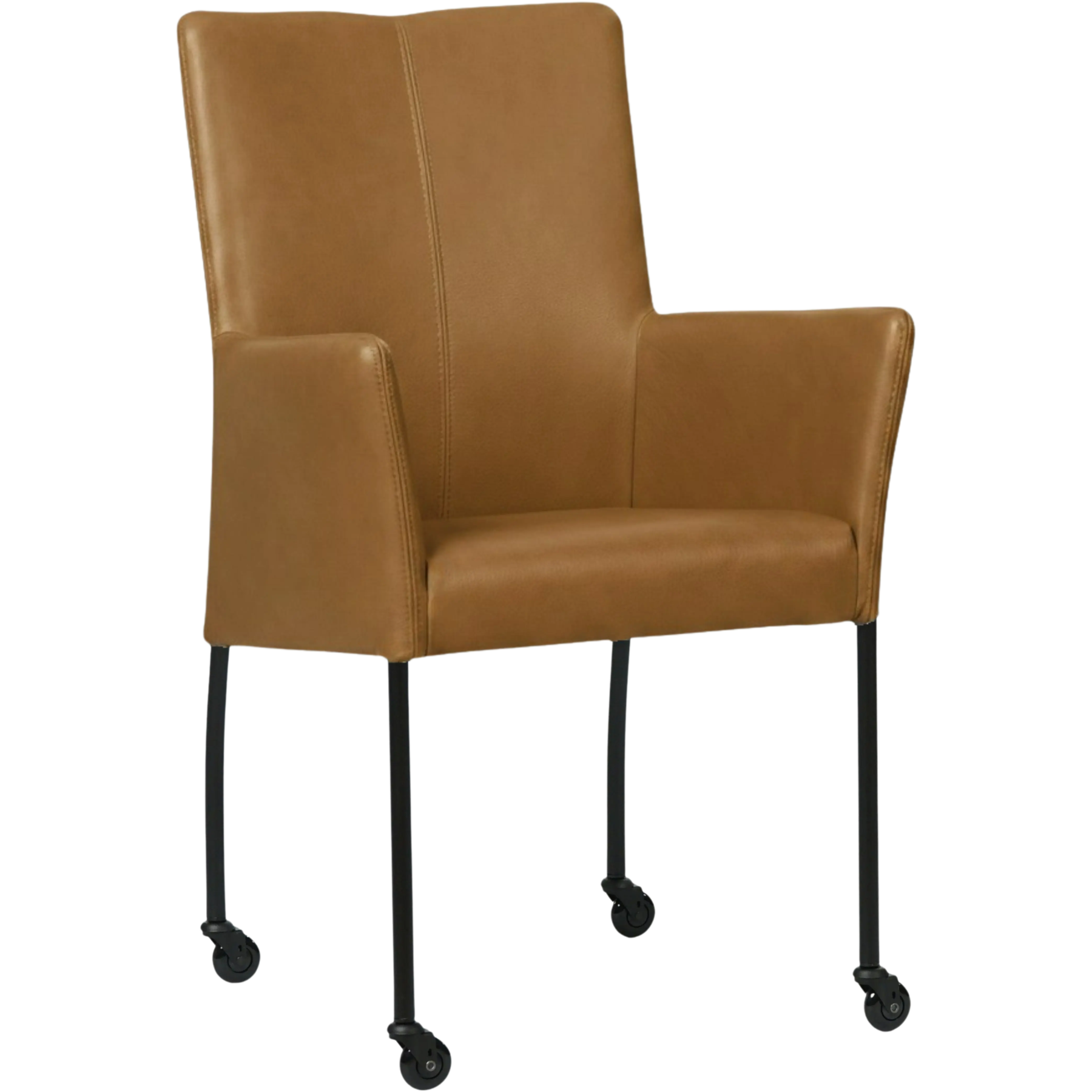 afbeelding van Leren eetkamerstoel Comfort met wieltjes en armleuning - Granada Sahara (cognac) - Poten staal rond zwart