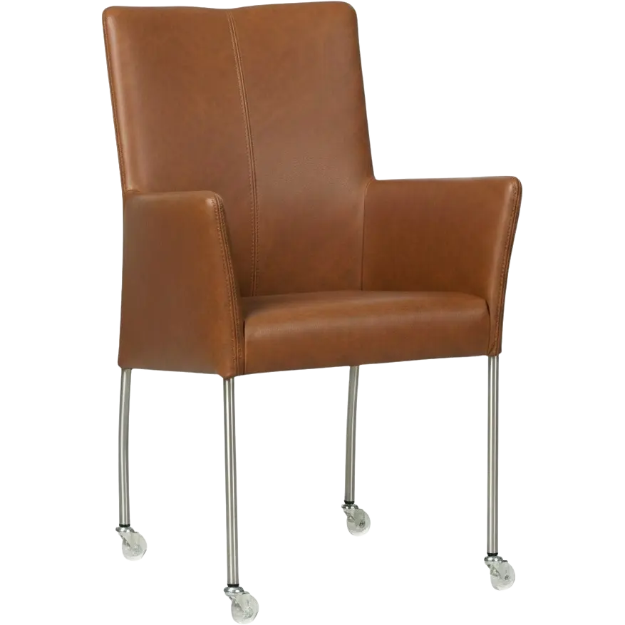 afbeelding van Leren eetkamerstoel Comfort met wieltjes en armleuning - Granada Savannah (cognac) - Poten staal rond RVS