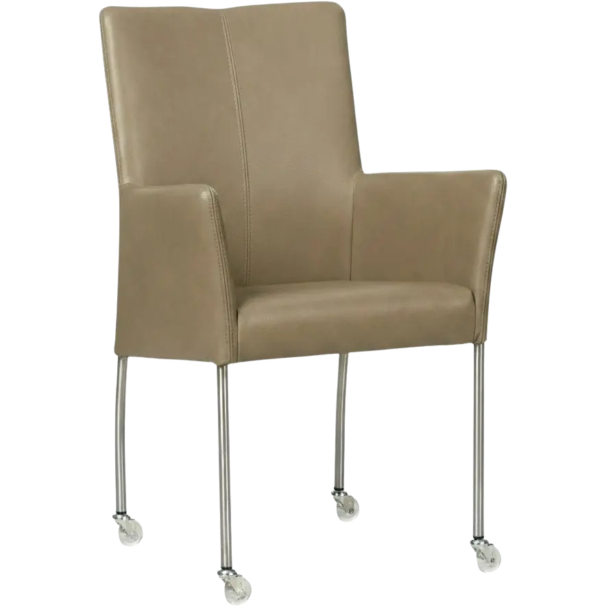 afbeelding van Leren eetkamerstoel Comfort met wieltjes en armleuning - Granada Taupe (taupe/bruin) - Poten staal rond RVS