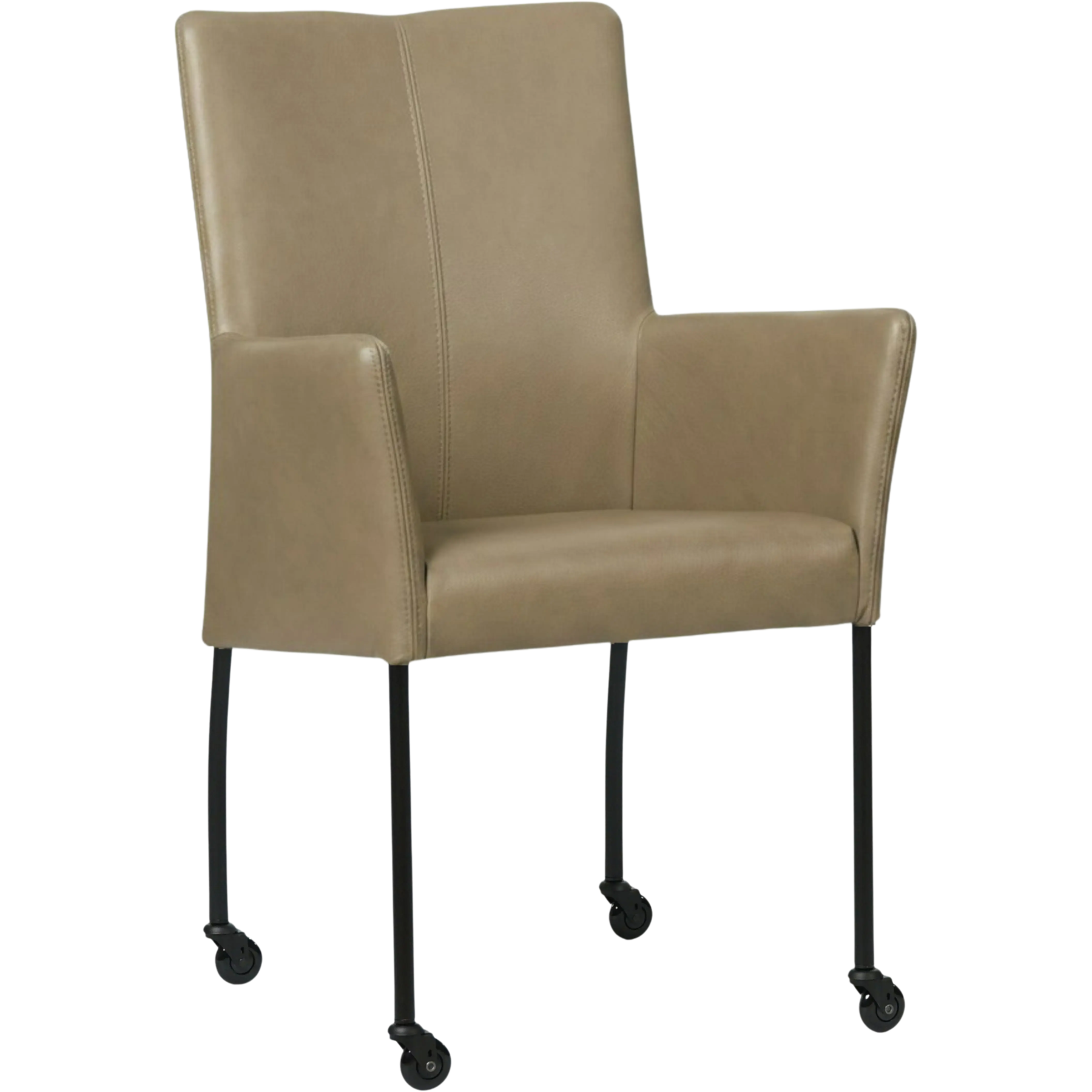 afbeelding van Leren eetkamerstoel Comfort met wieltjes en armleuning - Granada Taupe (taupe/bruin) - Poten staal rond zwart
