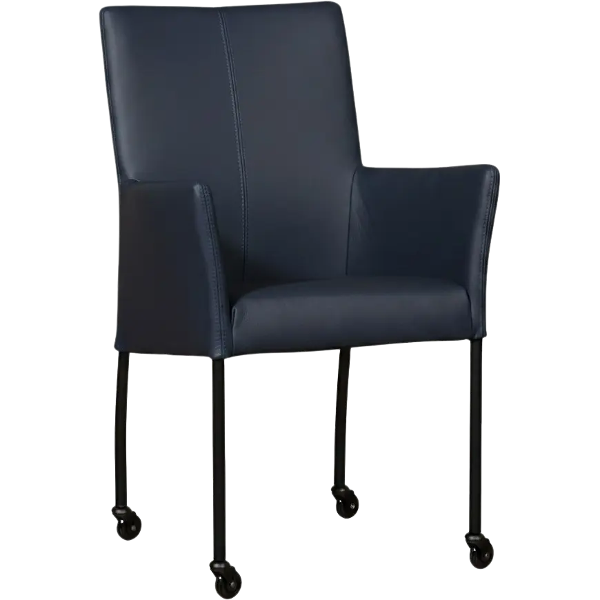 afbeelding van Leren eetkamerstoel Comfort met wieltjes en armleuning - Toledo Kobalt (blauw) - Poten staal rond zwart