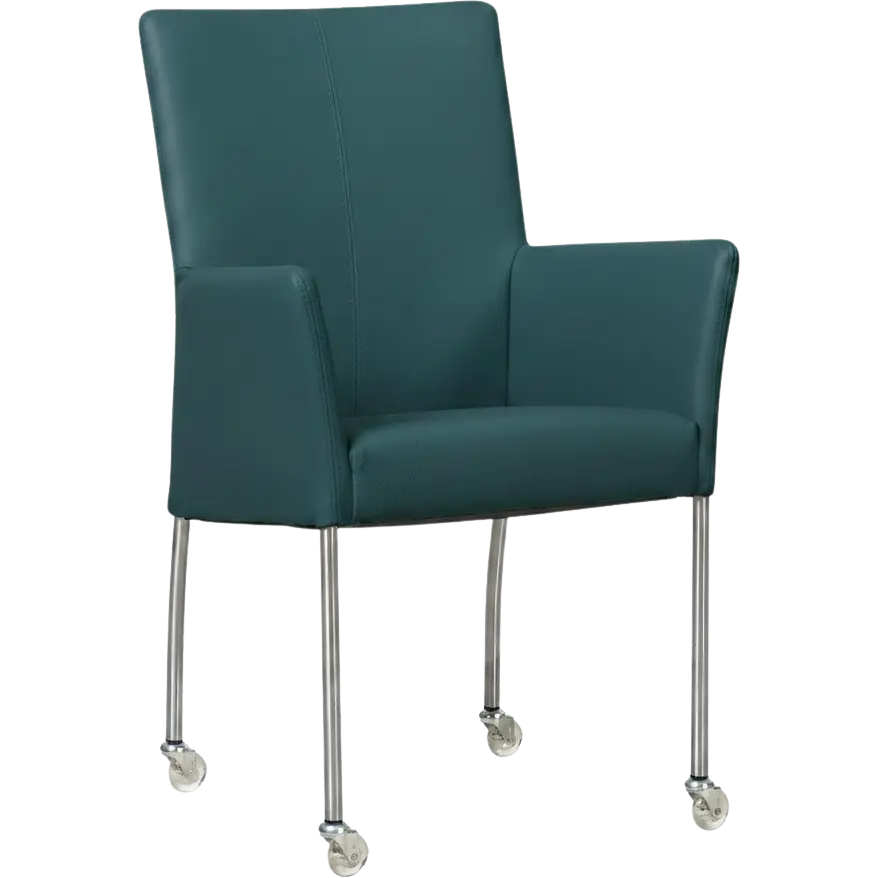 afbeelding van Leren eetkamerstoel Comfort met wieltjes en armleuning - Toledo Turquoise (blauw) - Poten staal rond RVS