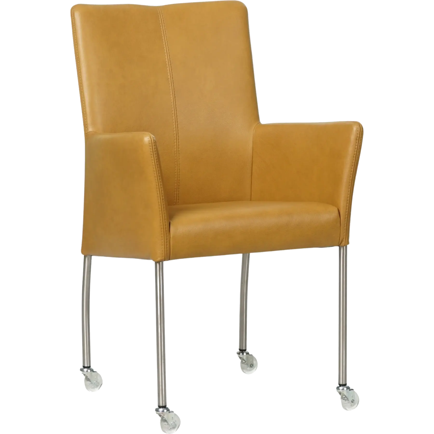 afbeelding van Leren eetkamerstoel Comfort met wieltjes en armleuning - Granada Amber (cognac) - Poten staal rond RVS