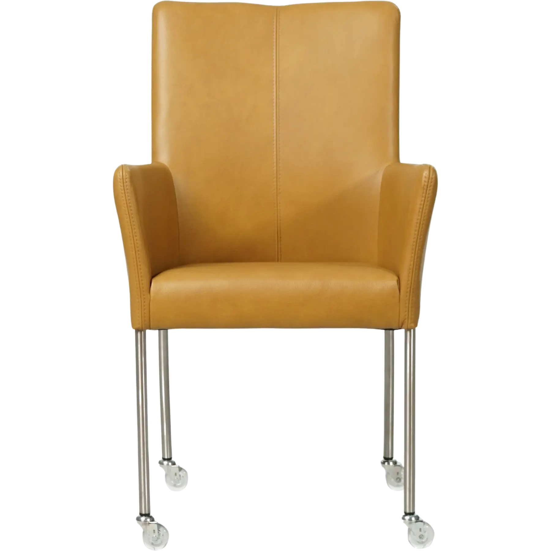 afbeelding van Leren eetkamerstoel Comfort met wieltjes en armleuning - Granada Amber (cognac) - Poten staal rond RVS
