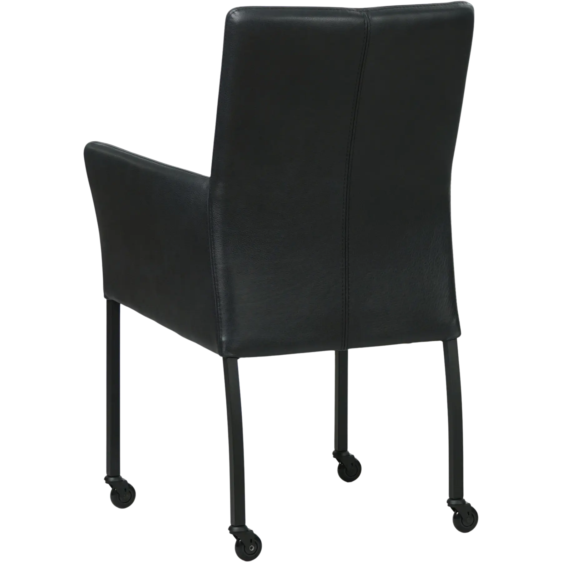 afbeelding van Leren eetkamerstoel Comfort met wieltjes en armleuning - Granada Black (zwart) - Poten staal rond zwart
