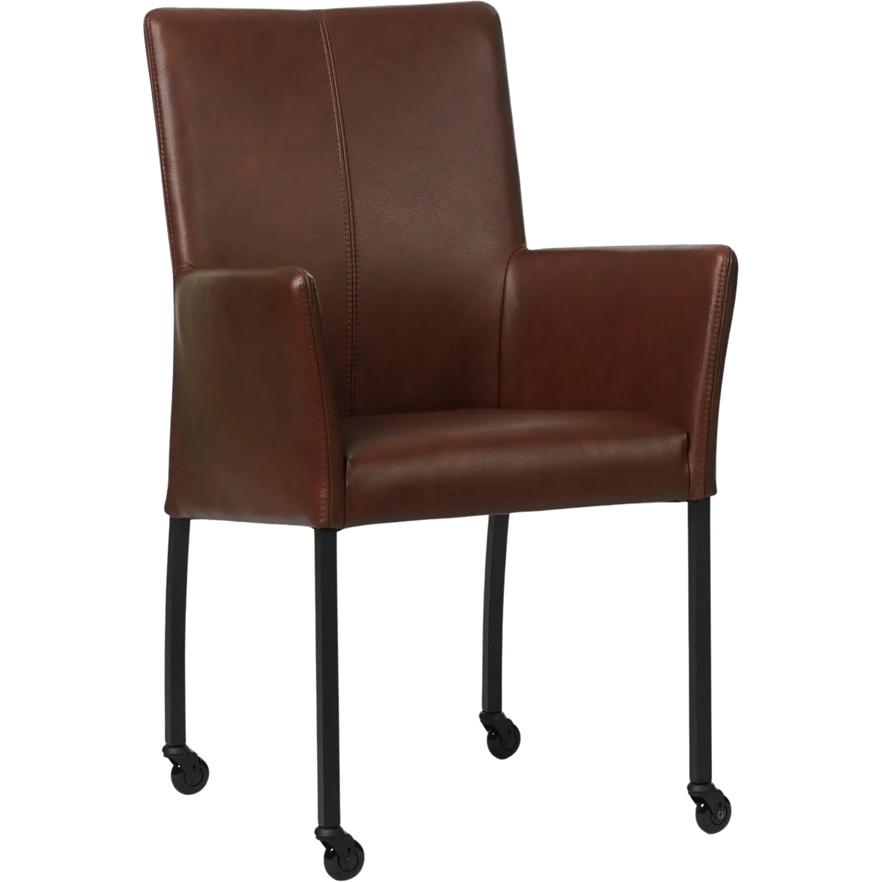 afbeelding van Leren eetkamerstoel Comfort met wieltjes en armleuning - Granada Cognac (donkercognac) - Poten staal vierkant zwart