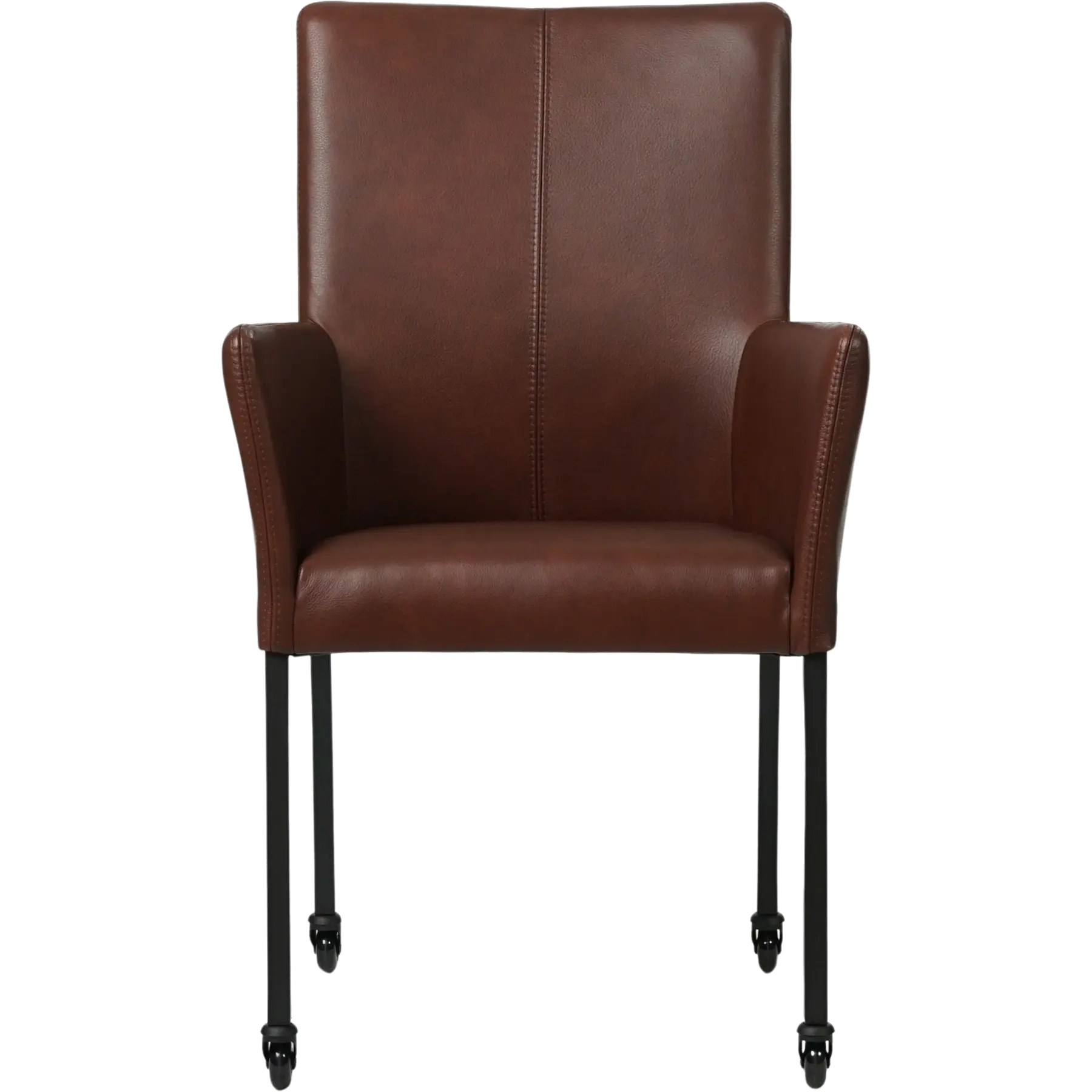 afbeelding van Leren eetkamerstoel Comfort met wieltjes en armleuning - Granada Cognac (donkercognac) - Poten staal vierkant zwart