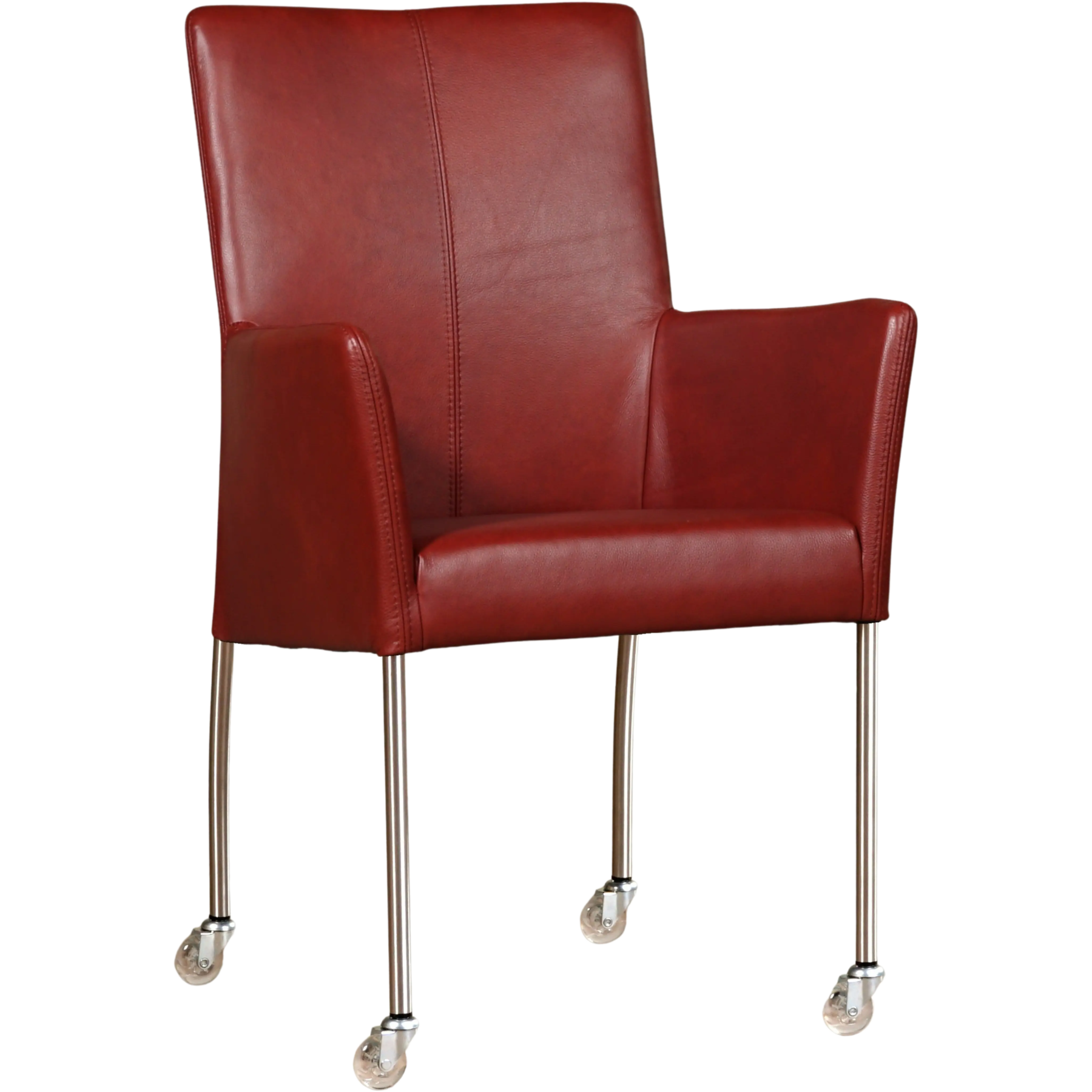 afbeelding van Leren eetkamerstoel Comfort met wieltjes en armleuning - Granada Rouge (rood) - Poten staal rond RVS