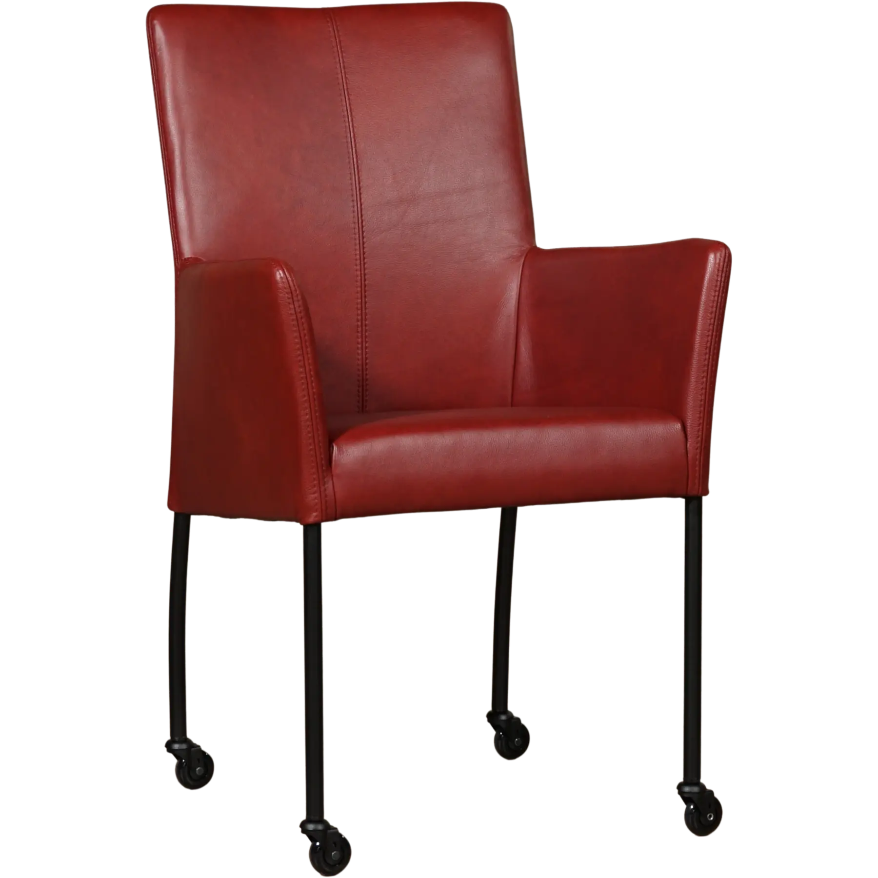 afbeelding van Leren eetkamerstoel Comfort met wieltjes en armleuning - Granada Rouge (rood) - Poten staal rond zwart