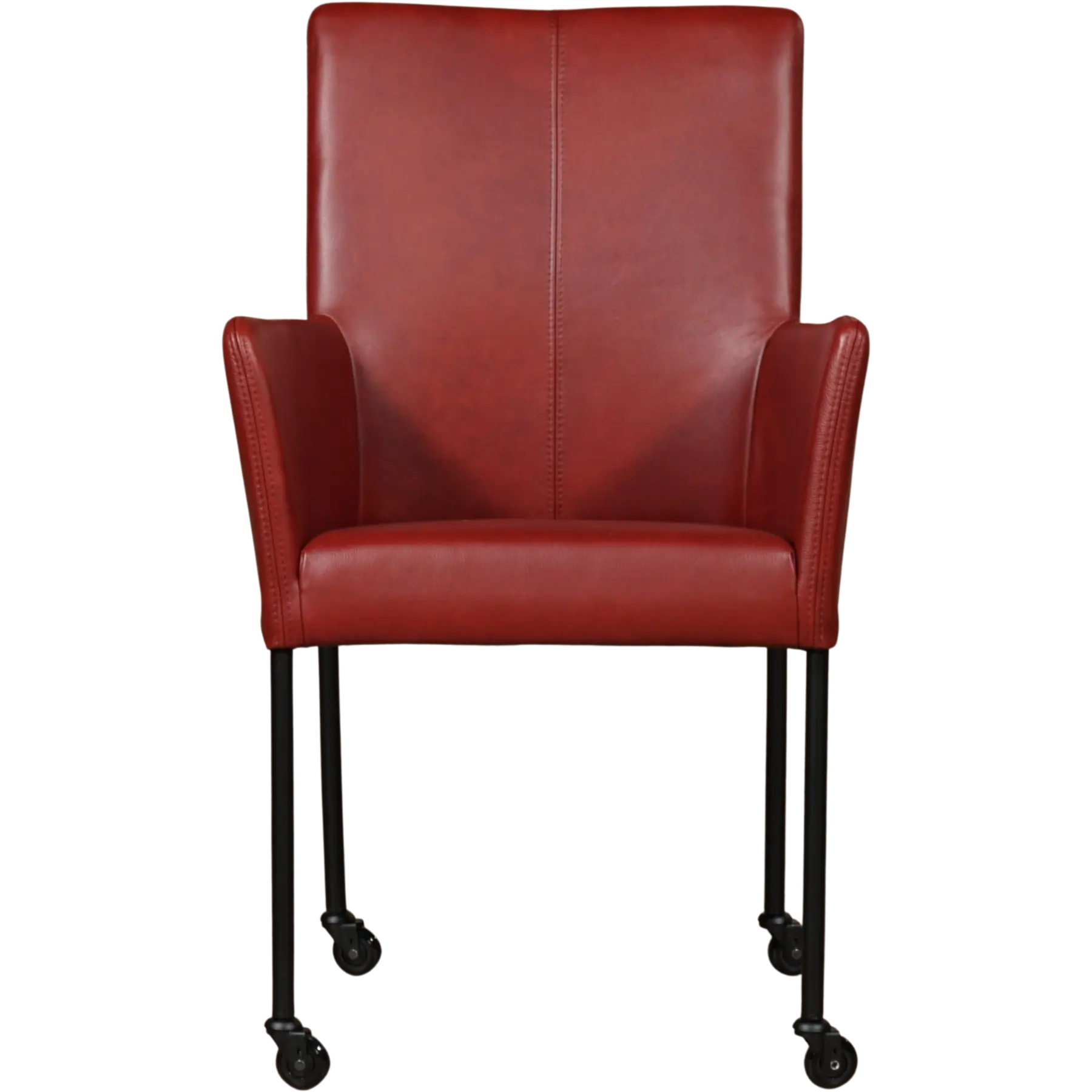 afbeelding van Leren eetkamerstoel Comfort met wieltjes en armleuning - Granada Rouge (rood) - Poten staal rond zwart
