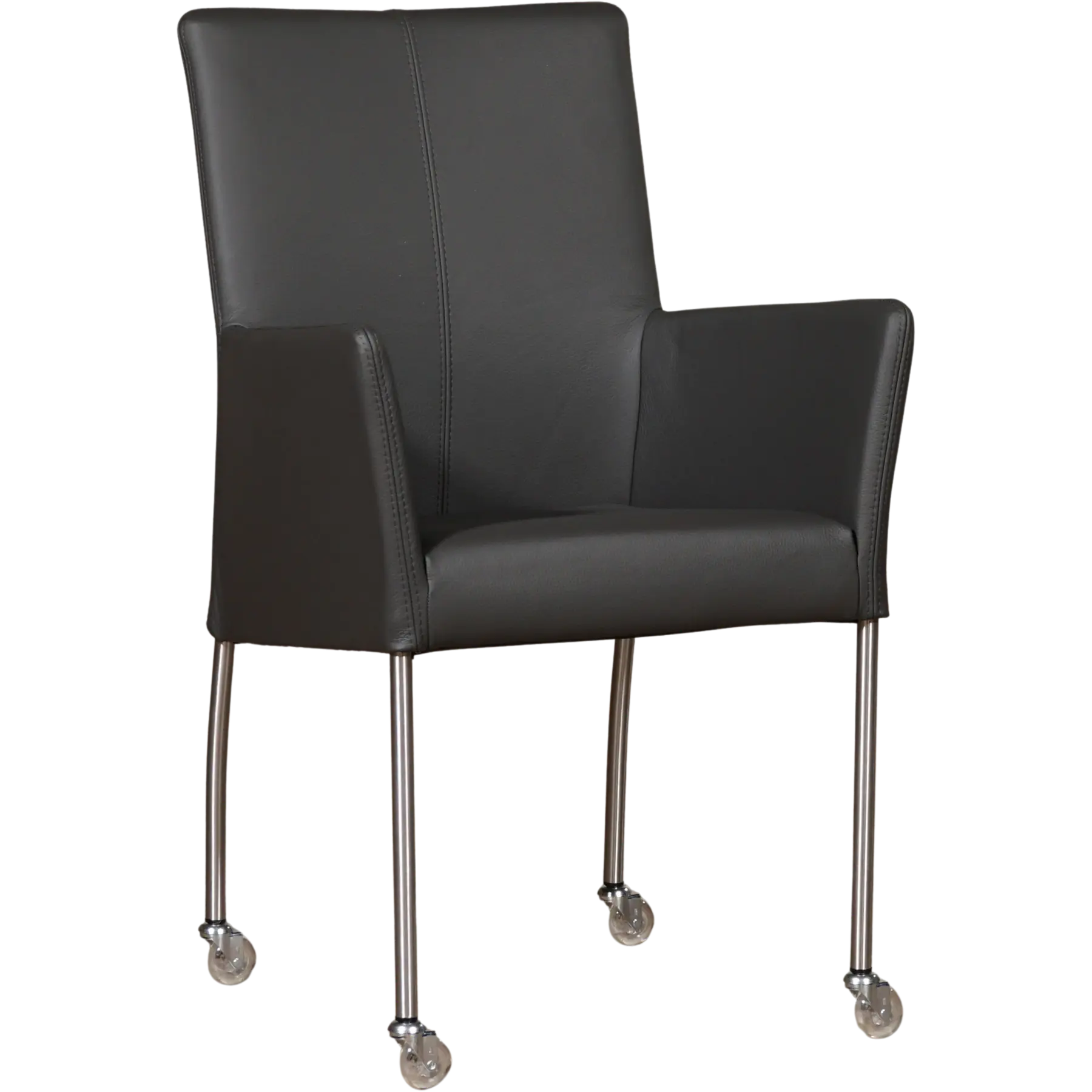 afbeelding van Leren eetkamerstoel Comfort met wieltjes en armleuning - Hermes Antracite (donkergrijs) - Poten staal rond RVS