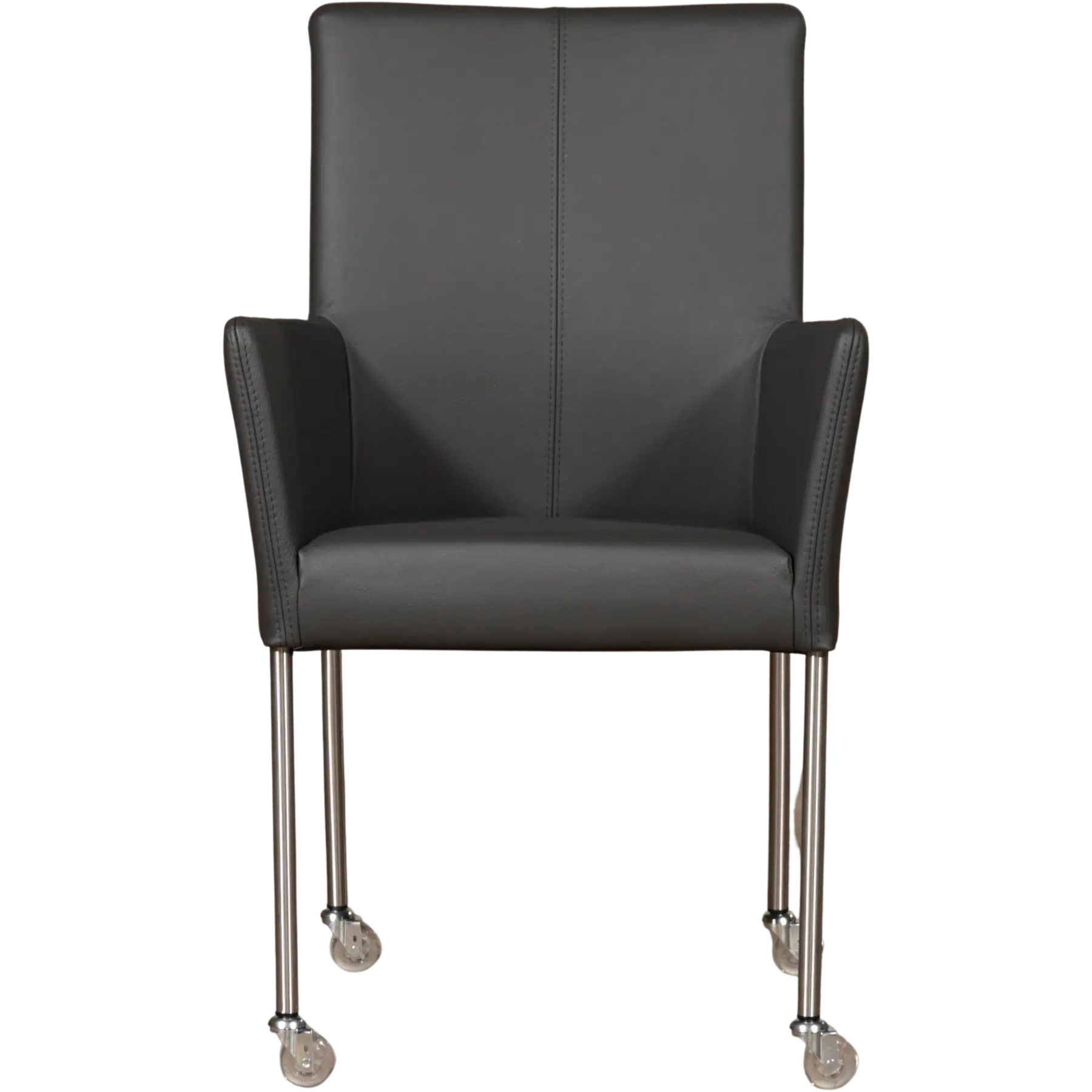 afbeelding van Leren eetkamerstoel Comfort met wieltjes en armleuning - Hermes Antracite (donkergrijs) - Poten staal rond RVS