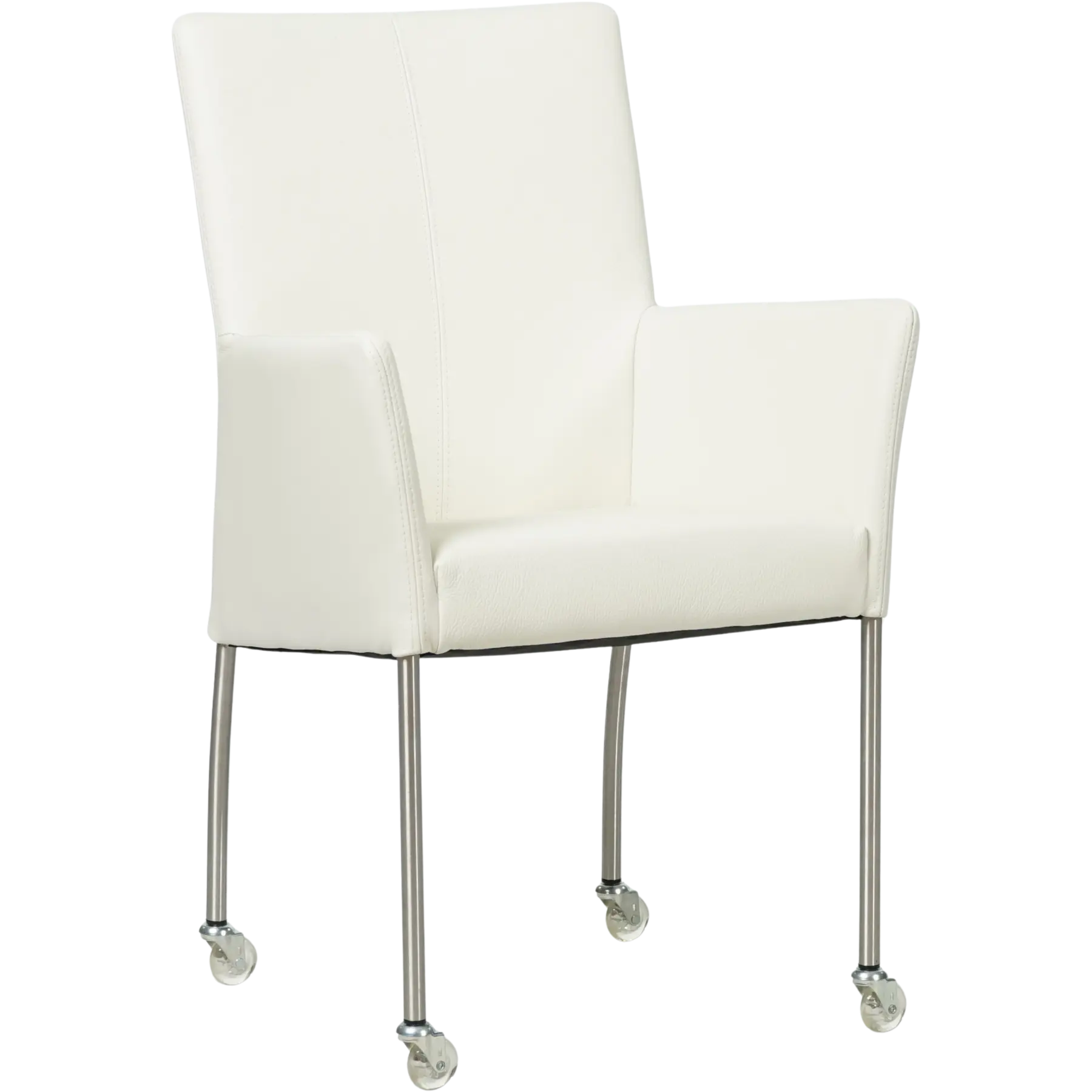 afbeelding van Leren eetkamerstoel Comfort met wieltjes en armleuning - Hermes Bianco (gebroken wit) - Poten staal vierkant RVS