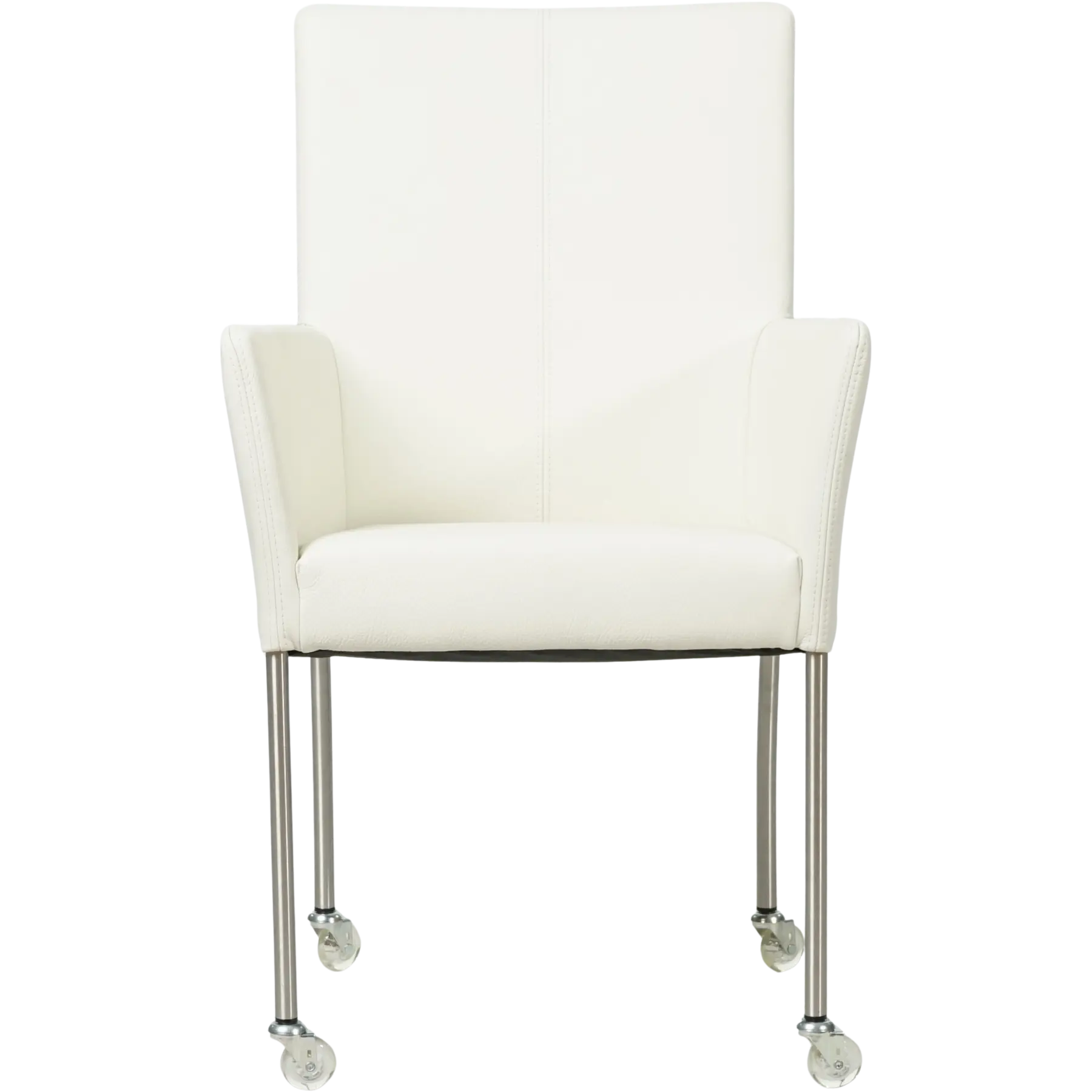 afbeelding van Leren eetkamerstoel Comfort met wieltjes en armleuning - Hermes Bianco (gebroken wit) - Poten staal vierkant RVS