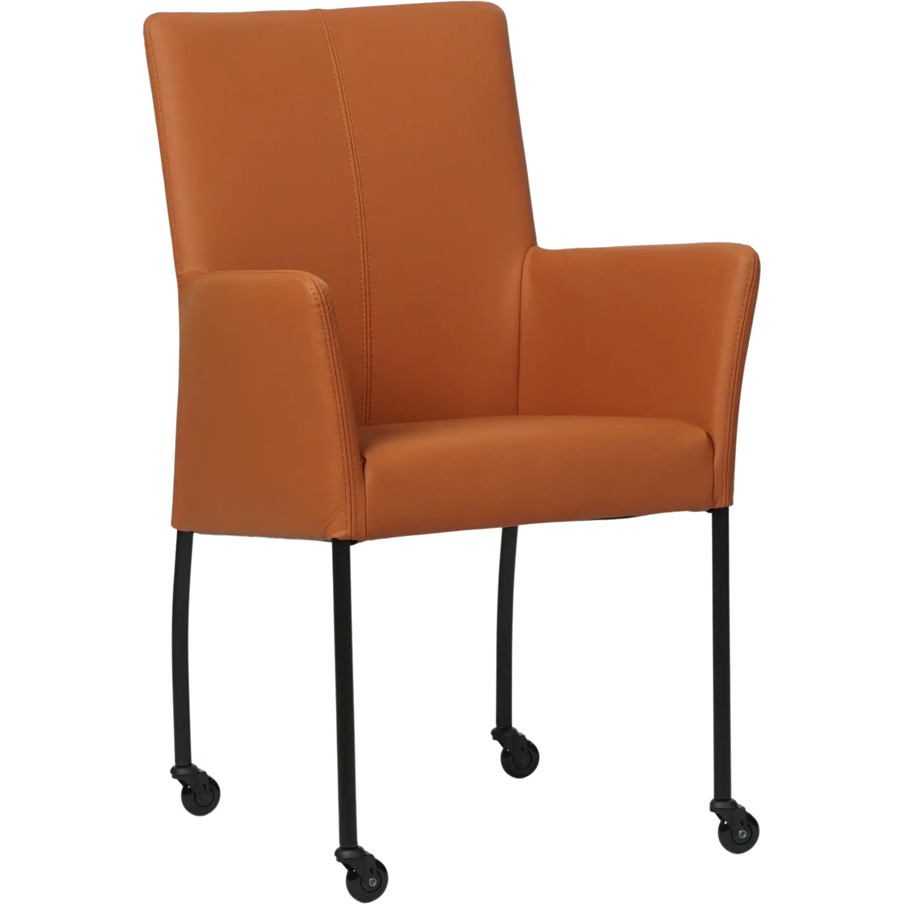 afbeelding van Leren eetkamerstoel Comfort met wieltjes en armleuning - Hermes Cognac (cognac/oranje) - Poten staal rond zwart