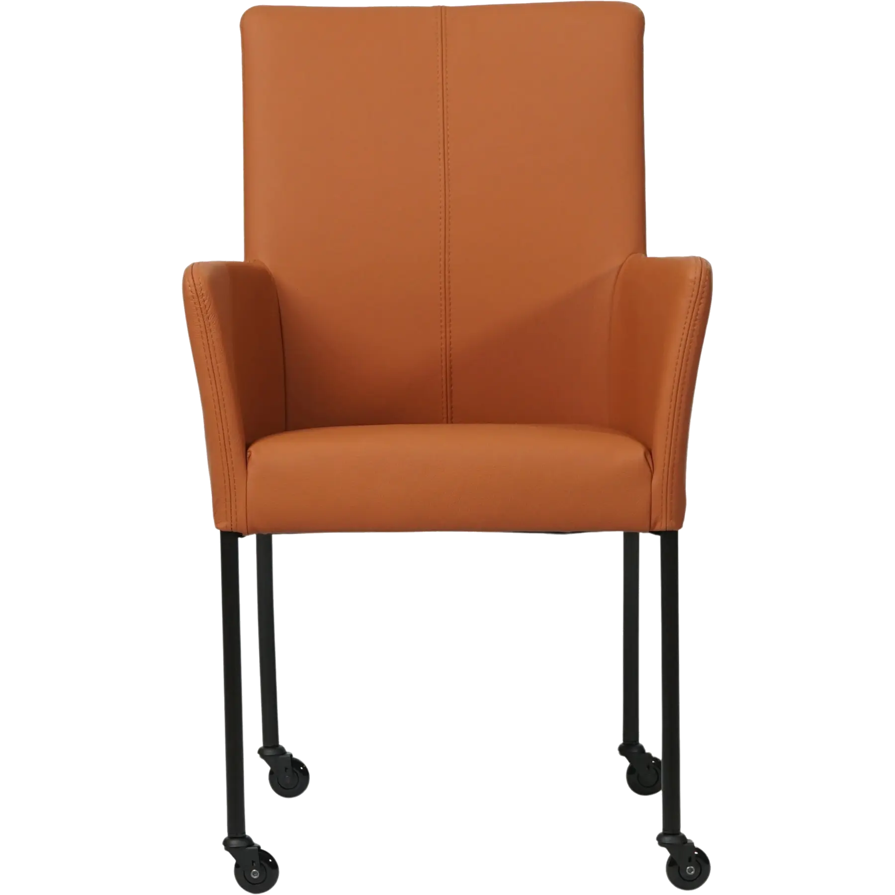 afbeelding van Leren eetkamerstoel Comfort met wieltjes en armleuning - Hermes Cognac (cognac/oranje) - Poten staal rond zwart