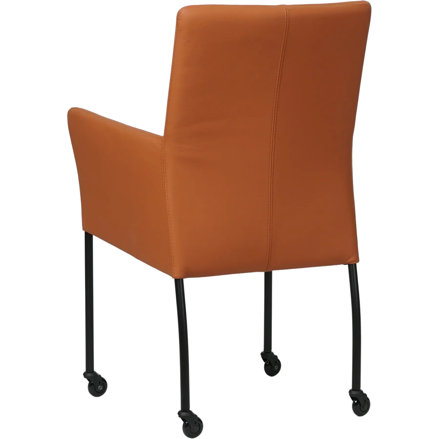 afbeelding van Leren eetkamerstoel Comfort met wieltjes en armleuning - Hermes Cognac (cognac/oranje) - Poten staal rond zwart