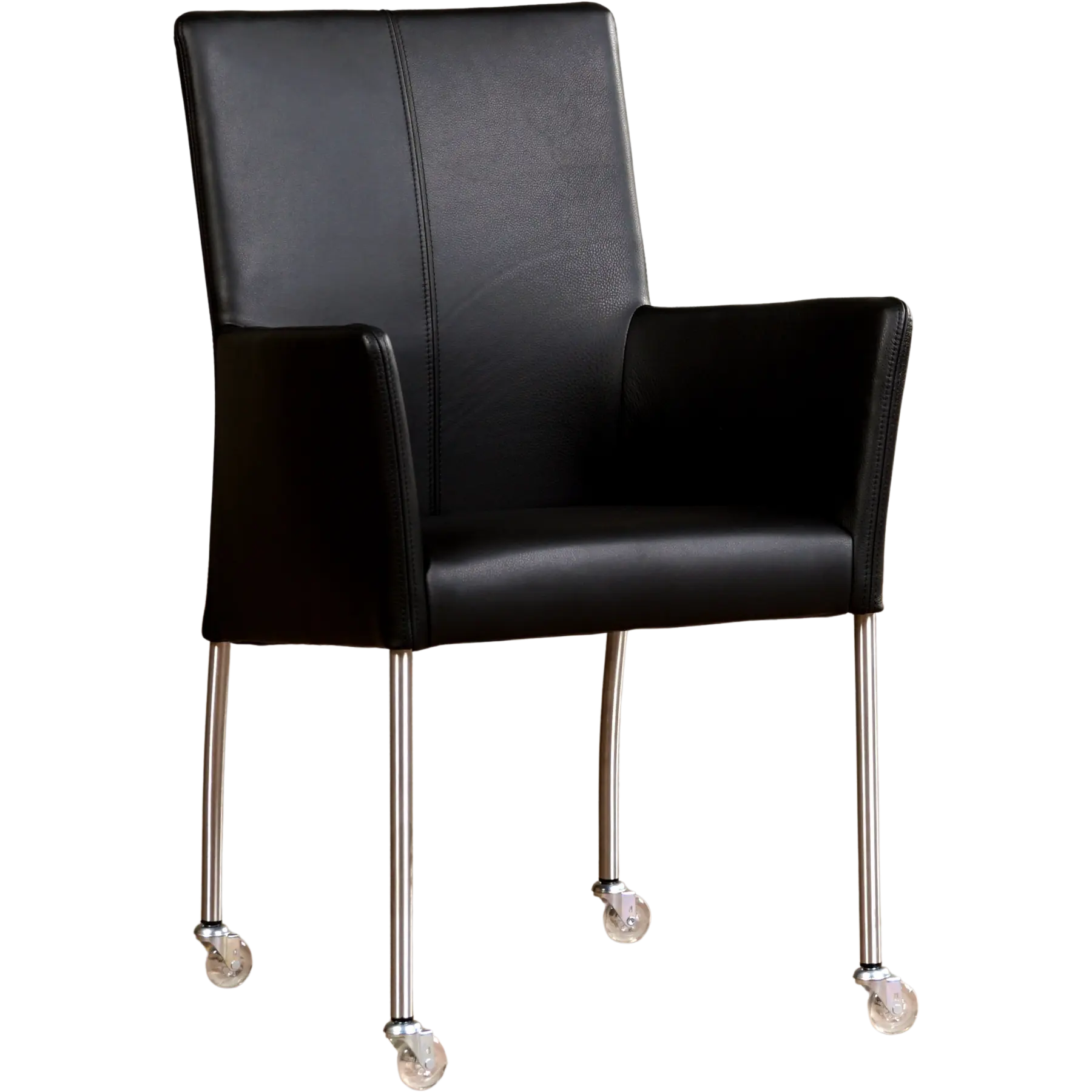 afbeelding van Leren eetkamerstoel Comfort met wieltjes en armleuning - Hermes Nero (zwart) - Poten staal rond RVS