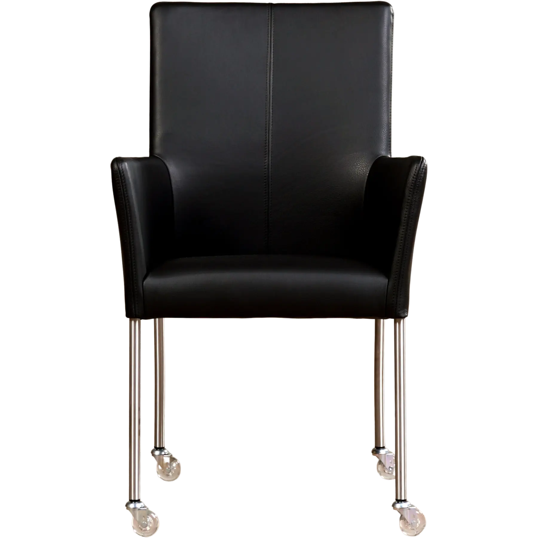 afbeelding van Leren eetkamerstoel Comfort met wieltjes en armleuning - Hermes Nero (zwart) - Poten staal rond RVS