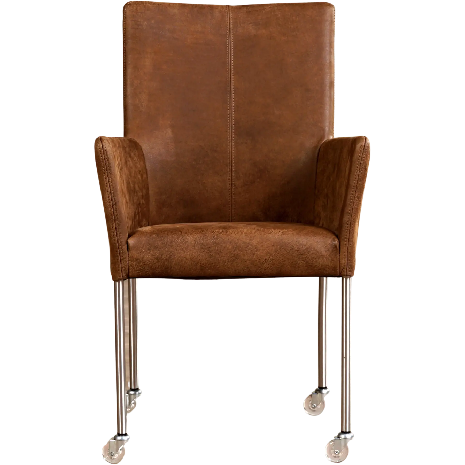 afbeelding van Leren eetkamerstoel Comfort met wieltjes en armleuning - Kenia Brown (bruin) - Poten staal rond RVS