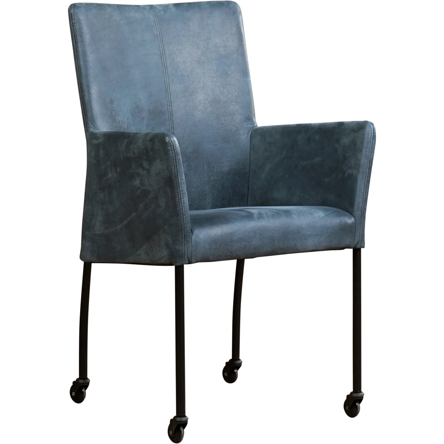 afbeelding van Leren eetkamerstoel Comfort met wieltjes en armleuning - Kenia Denim (blauw) - Poten staal rond zwart