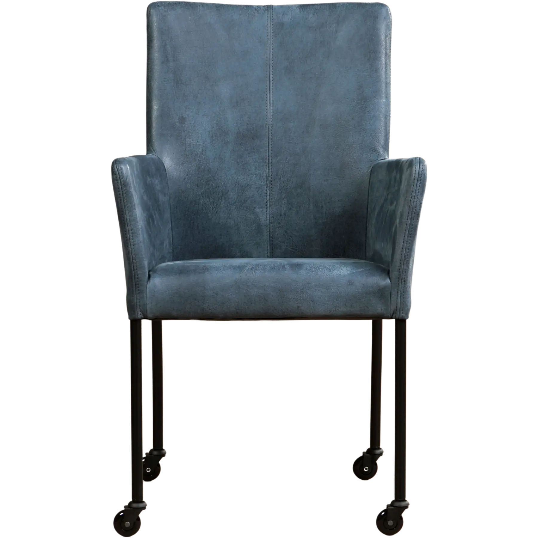 afbeelding van Leren eetkamerstoel Comfort met wieltjes en armleuning - Kenia Denim (blauw) - Poten staal rond zwart