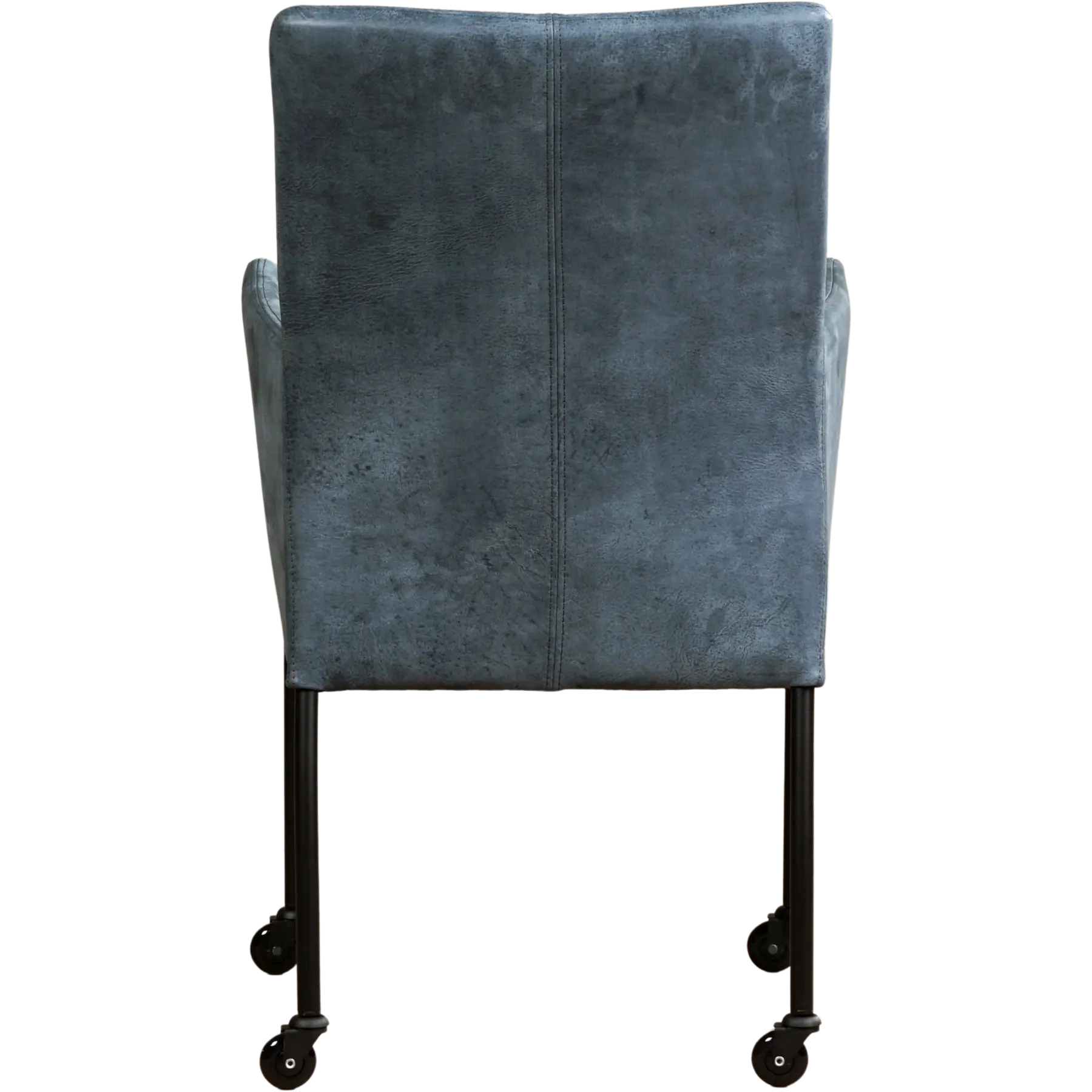 afbeelding van Leren eetkamerstoel Comfort met wieltjes en armleuning - Kenia Denim (blauw) - Poten staal rond zwart