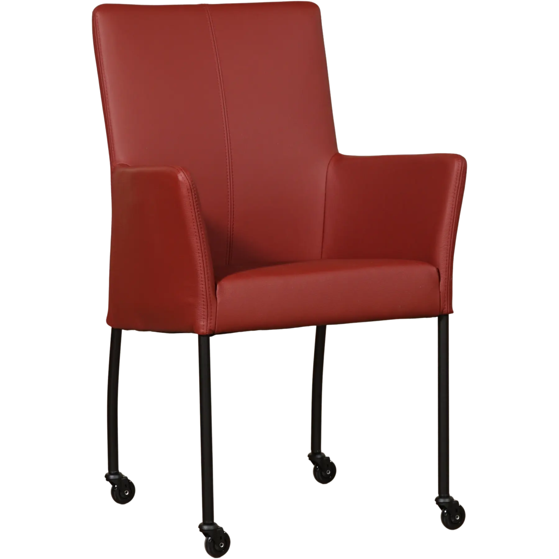 afbeelding van Leren eetkamerstoel Comfort met wieltjes en armleuning - Toledo Cherry (rood) - Poten staal rond zwart