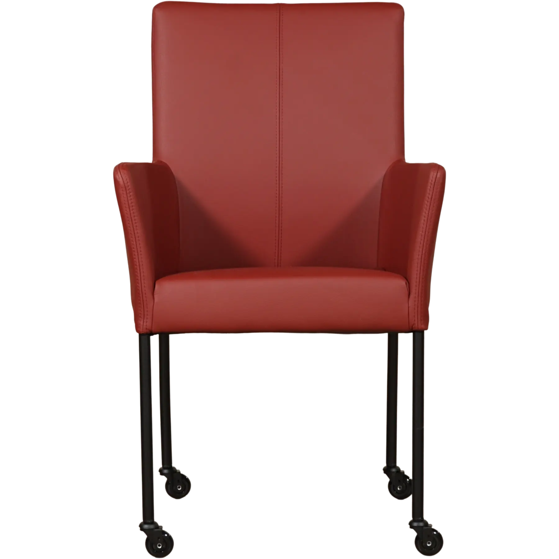 afbeelding van Leren eetkamerstoel Comfort met wieltjes en armleuning - Toledo Cherry (rood) - Poten staal rond zwart