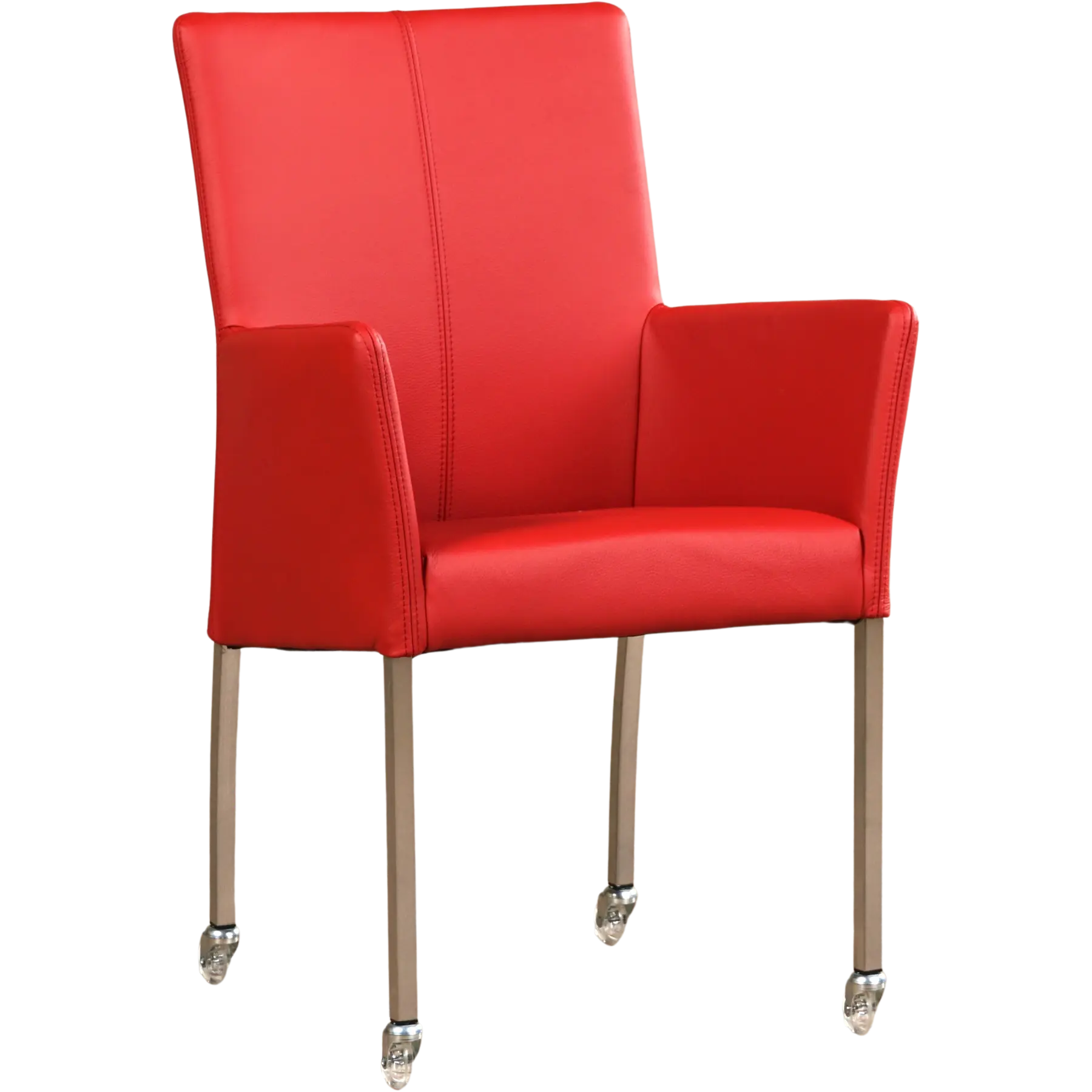 afbeelding van Leren eetkamerstoel Comfort met wieltjes en armleuning - Toledo Ducati (rood) - Poten staal vierkant RVS