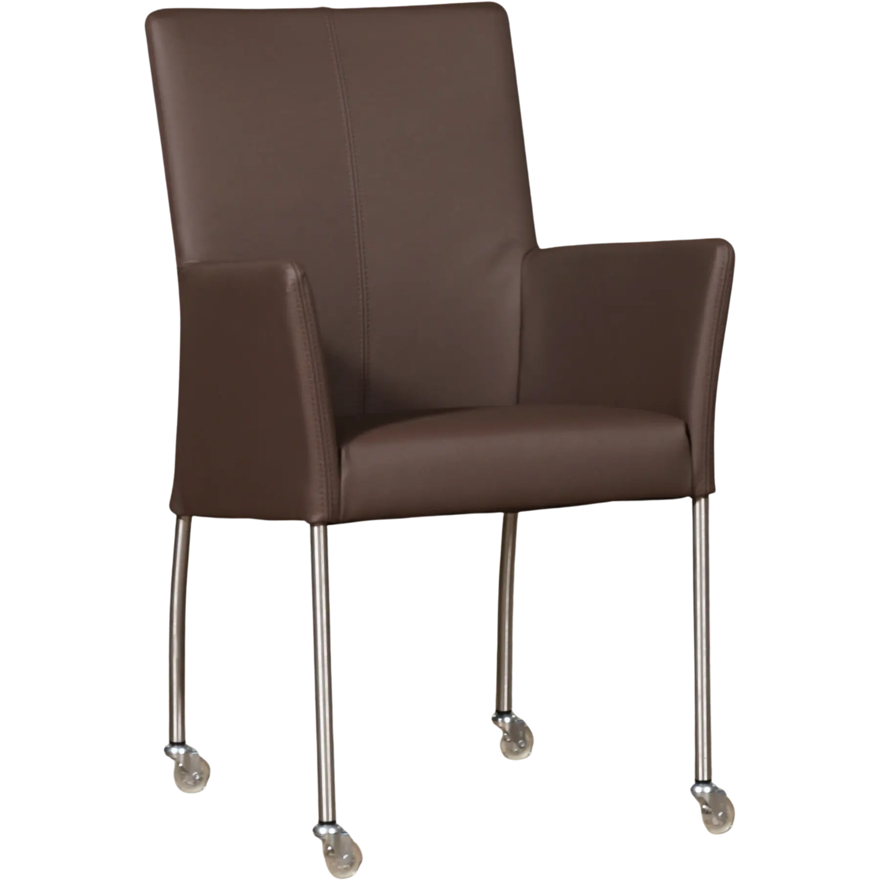 afbeelding van Leren eetkamerstoel Comfort met wieltjes en armleuning - Toledo Espresso (bruin) - Poten staal rond RVS