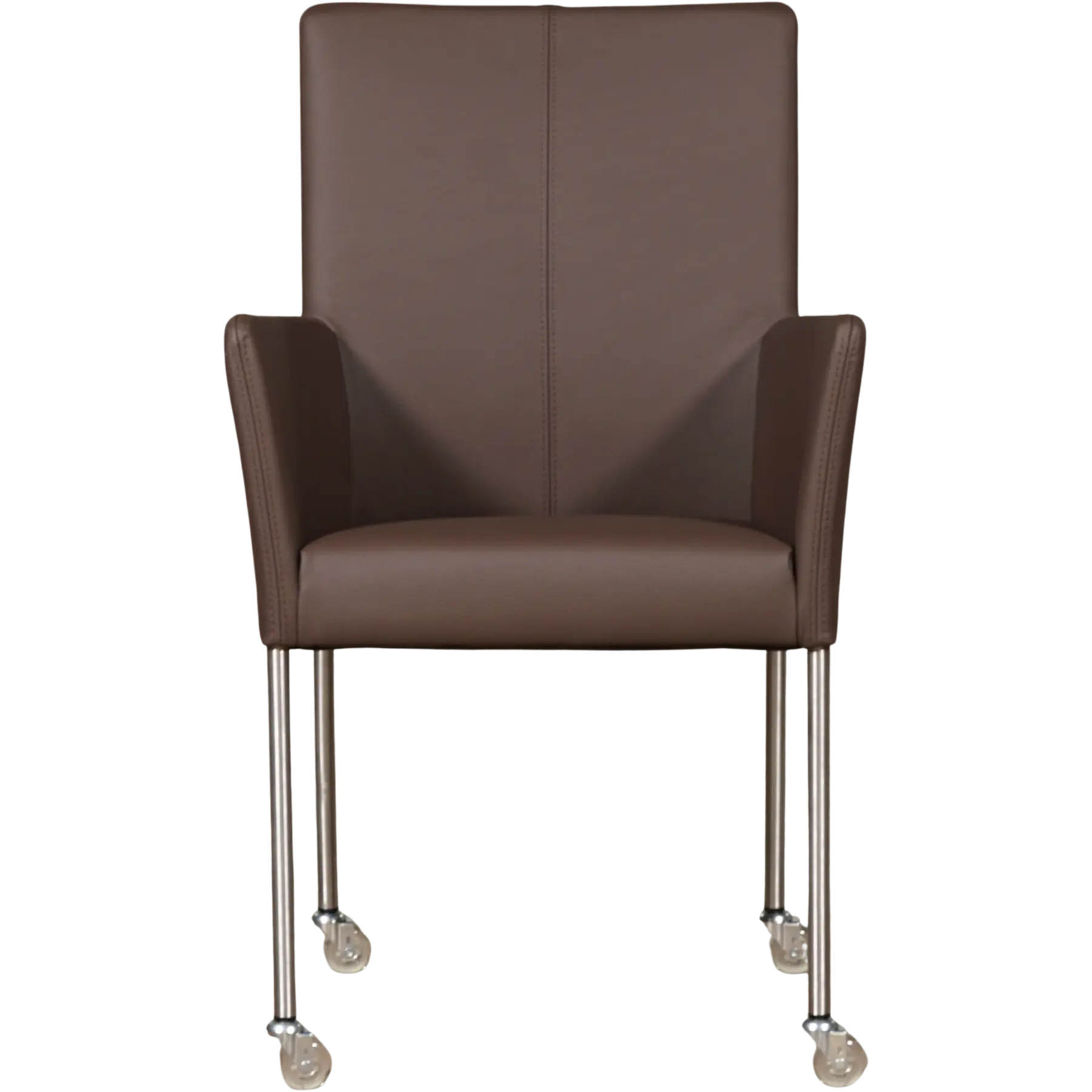 afbeelding van Leren eetkamerstoel Comfort met wieltjes en armleuning - Toledo Espresso (bruin) - Poten staal rond RVS