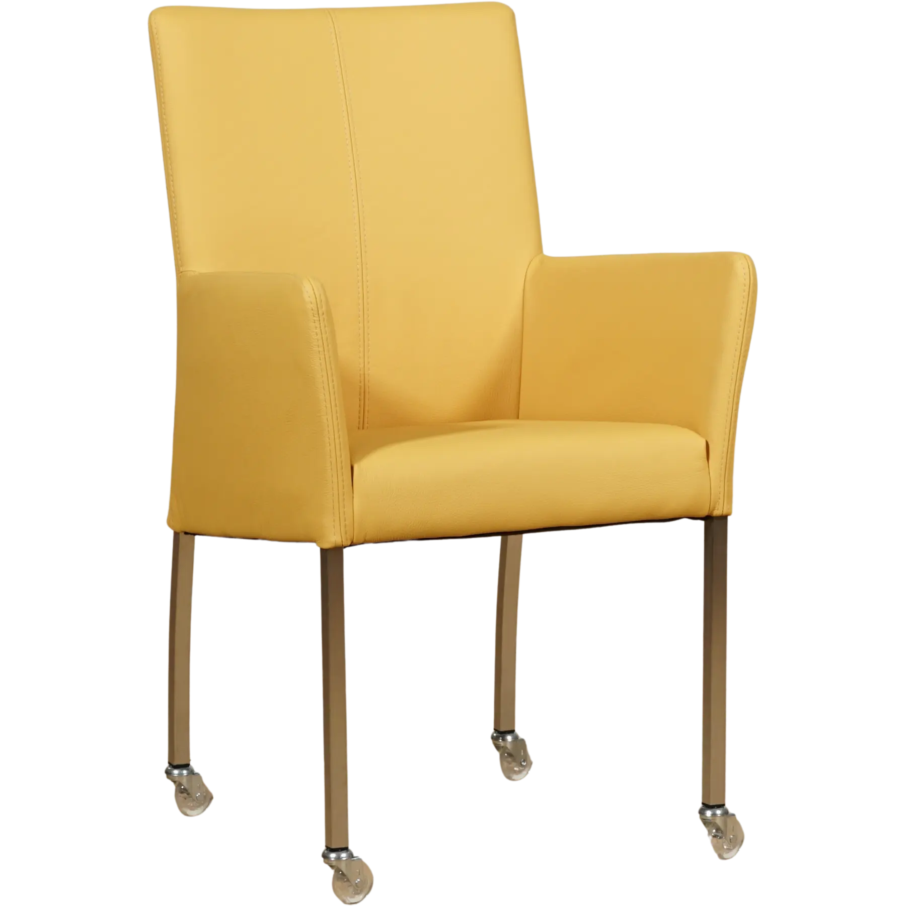 afbeelding van Leren eetkamerstoel Comfort met wieltjes en armleuning - Toledo Giallo (geel) - Poten staal vierkant RVS