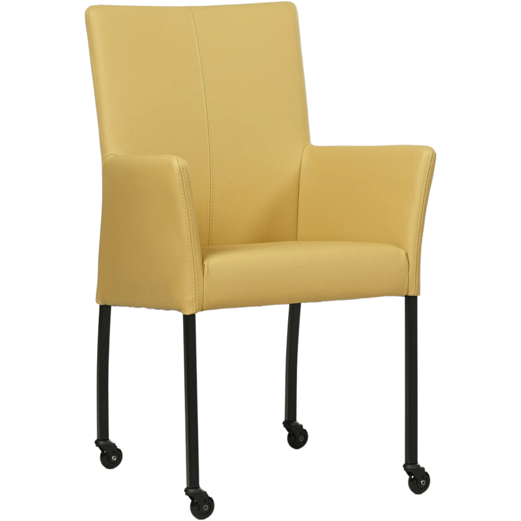 afbeelding van Leren eetkamerstoel Comfort met wieltjes en armleuning - Toledo Lemon (geel) - Poten staal vierkant zwart