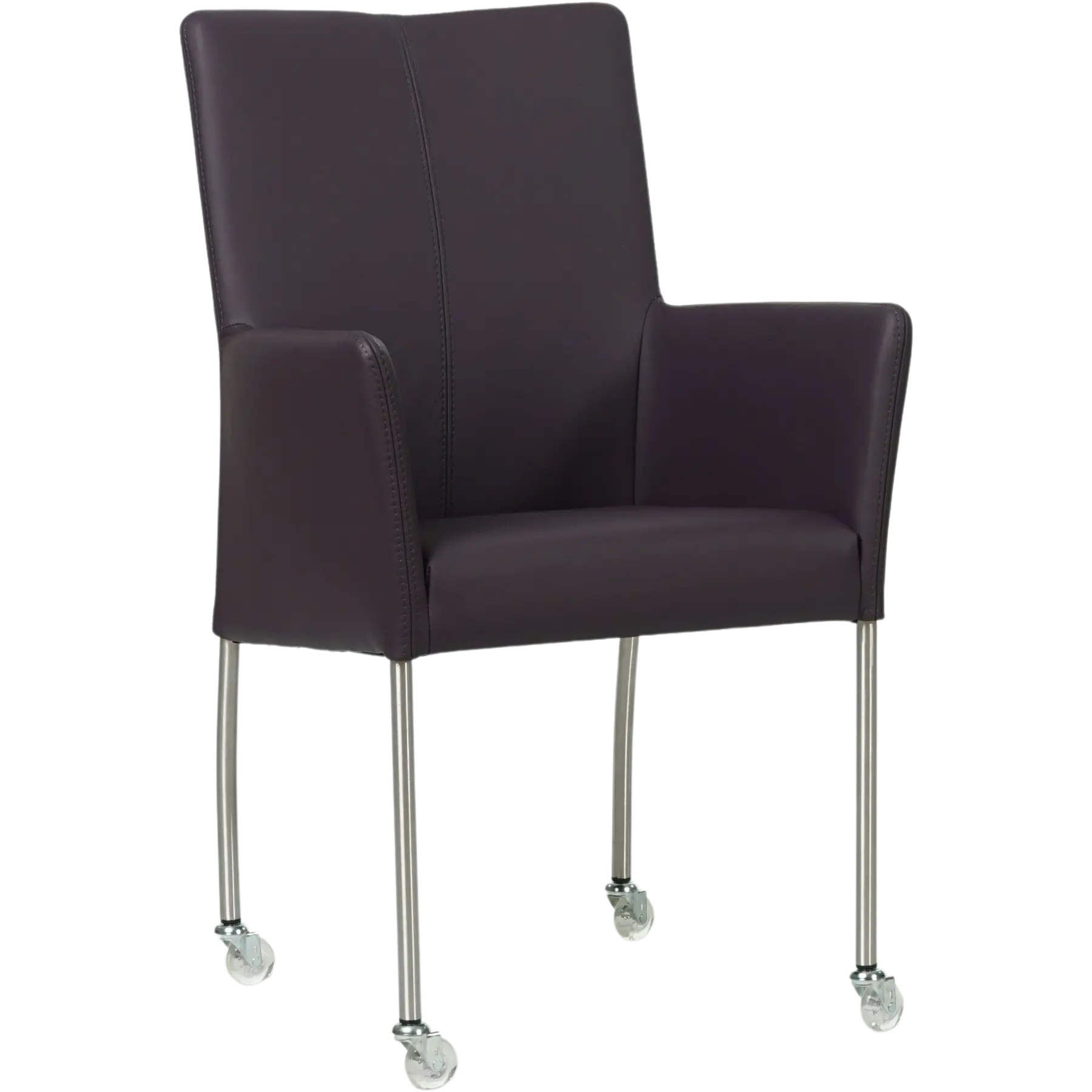afbeelding van Leren eetkamerstoel Comfort met wieltjes en armleuning - Toledo Merlin (donkerpaars) - Poten staal rond RVS