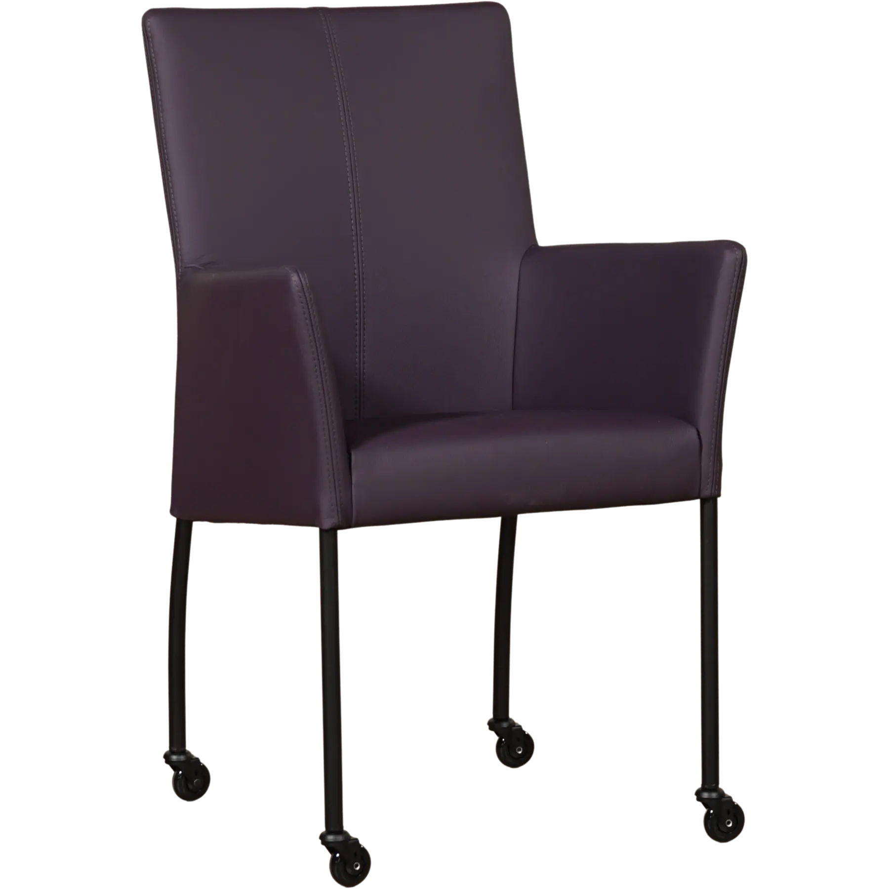 afbeelding van Leren eetkamerstoel Comfort met wieltjes en armleuning - Toledo Merlin (donkerpaars) - Poten staal rond zwart