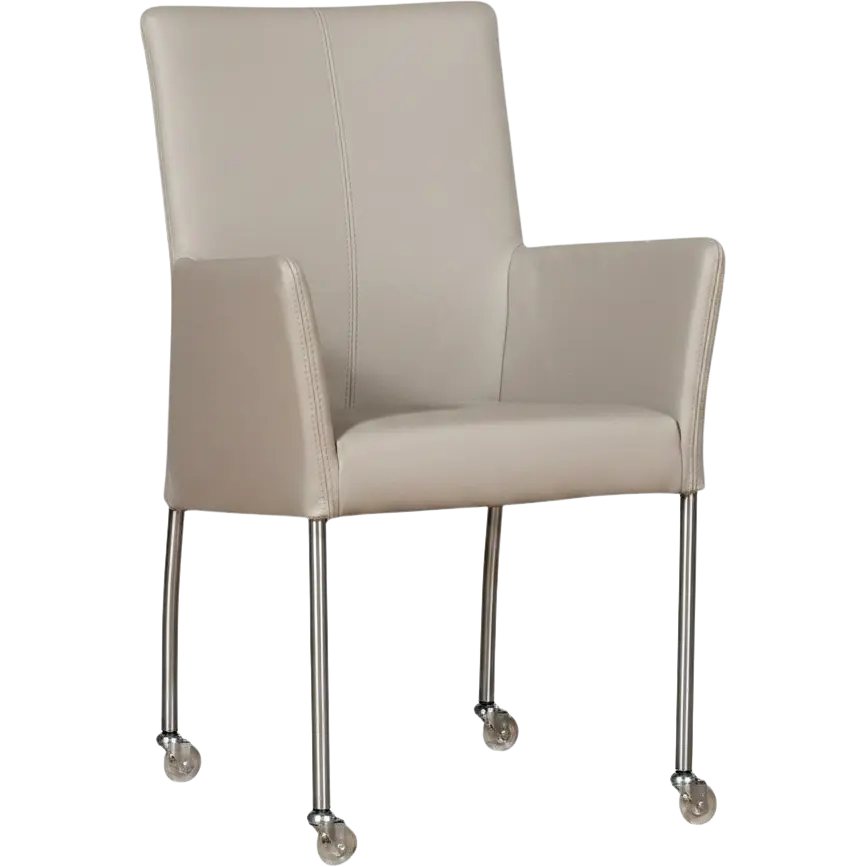 afbeelding van Leren eetkamerstoel Comfort met wieltjes en armleuning - Toledo Misty (crème) - Poten staal rond RVS