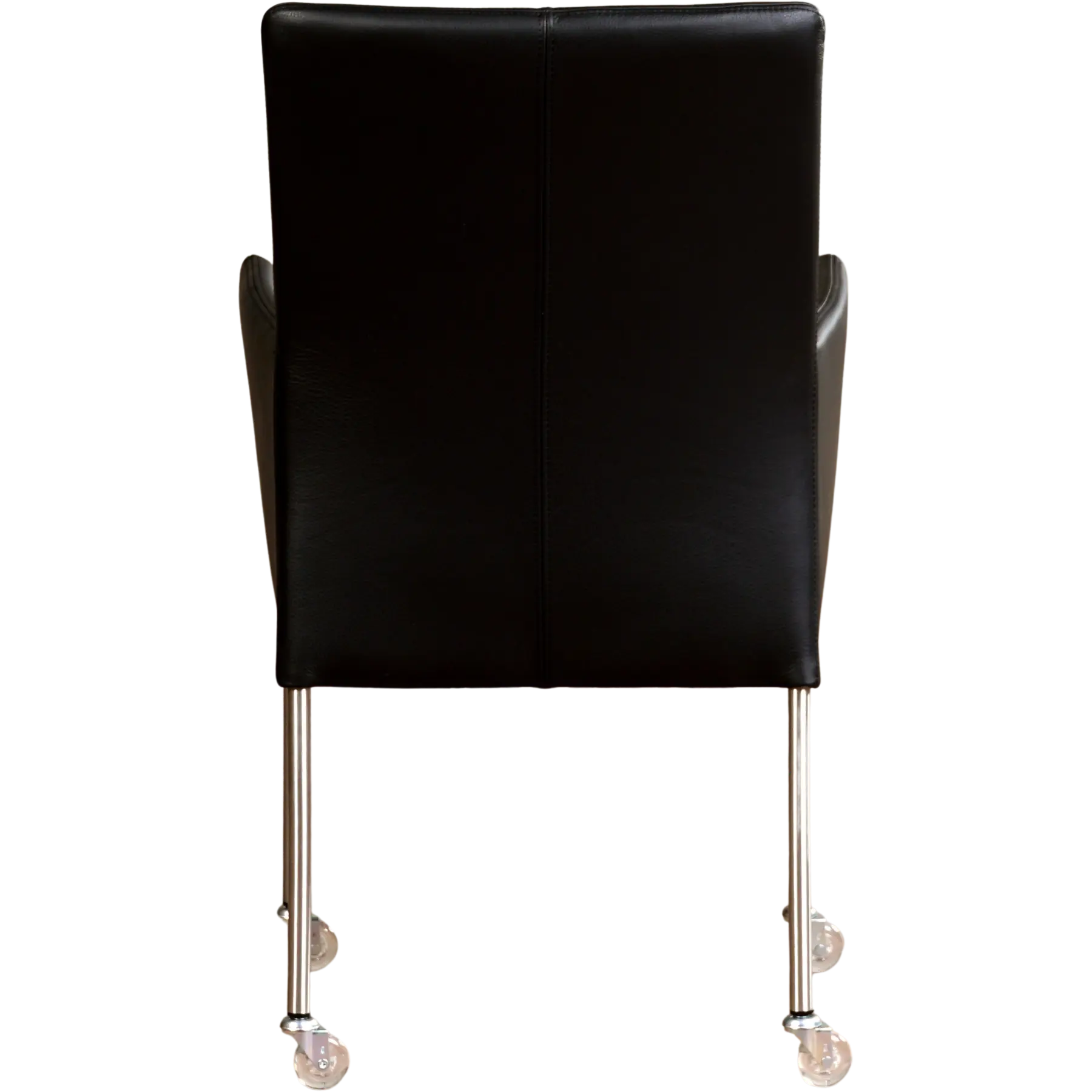 afbeelding van Leren eetkamerstoel Comfort met wieltjes en armleuning - Toledo Nero (zwart) - Poten staal rond RVS