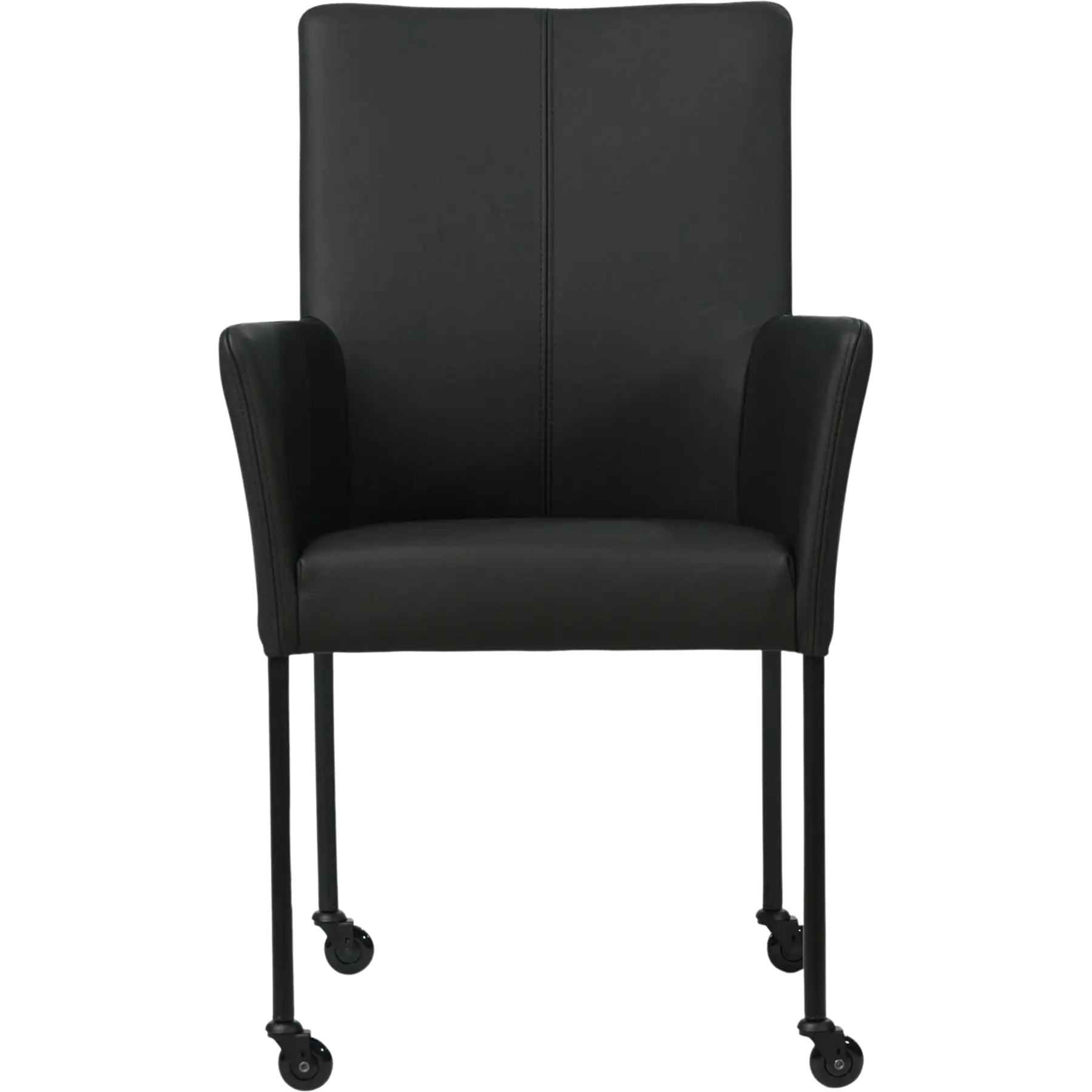 afbeelding van Leren eetkamerstoel Comfort met wieltjes en armleuning - Toledo Nero (zwart) - Poten staal rond zwart