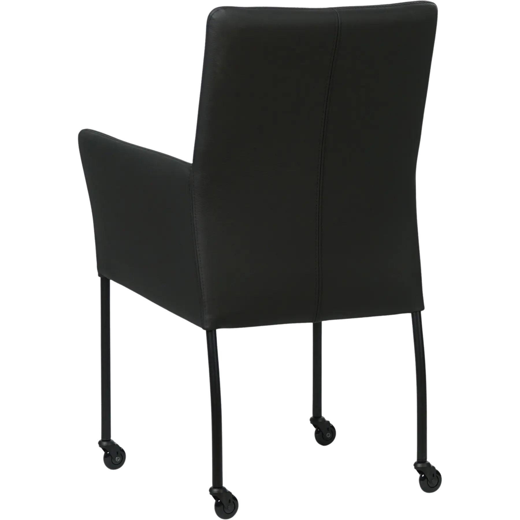 afbeelding van Leren eetkamerstoel Comfort met wieltjes en armleuning - Toledo Nero (zwart) - Poten staal rond zwart