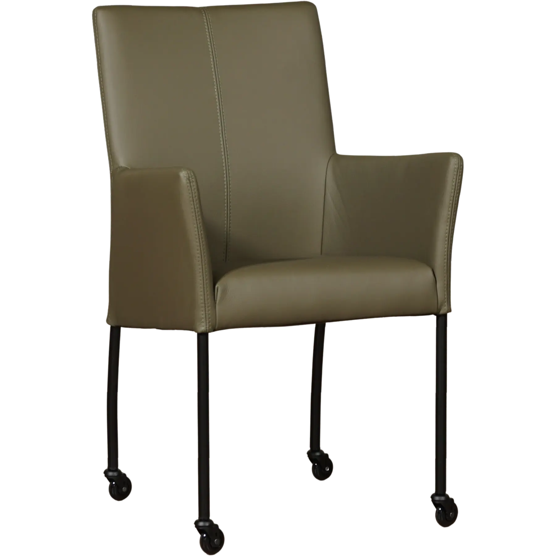 afbeelding van Leren eetkamerstoel Comfort met wieltjes en armleuning - Toledo Olive (olijf/goen) - Poten staal rond zwart